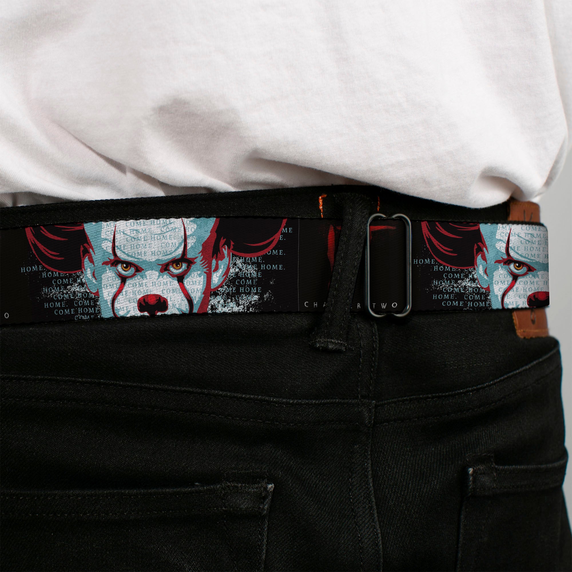 It Chapter Two Pennywise Face Full Color Black/Reds/Blues Seatbelt Belt - IT CHAPTER TWO Pennywise Face CLOSE-UP Black/Red/Blues Webbing Seatbelt Belts IT