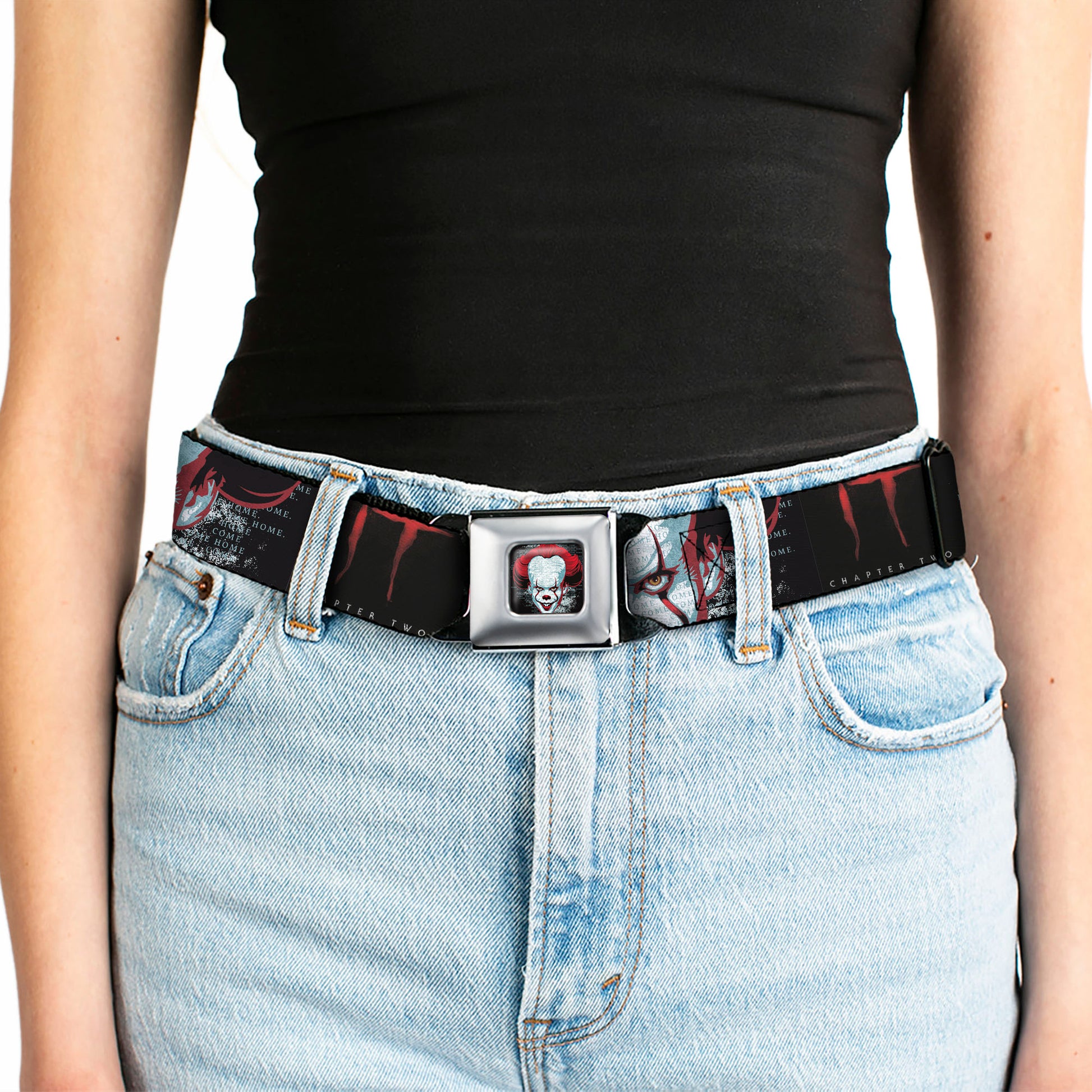 It Chapter Two Pennywise Face Full Color Black/Reds/Blues Seatbelt Belt - IT CHAPTER TWO Pennywise Face CLOSE-UP Black/Red/Blues Webbing Seatbelt Belts IT