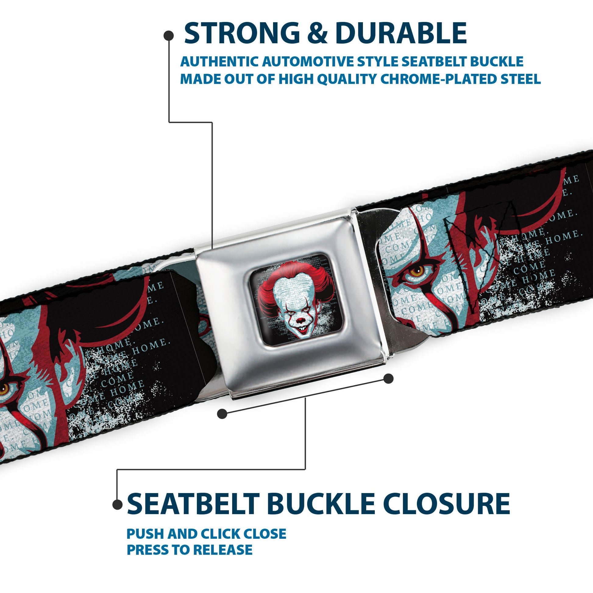 It Chapter Two Pennywise Face Full Color Black/Reds/Blues Seatbelt Belt - IT CHAPTER TWO Pennywise Face CLOSE-UP Black/Red/Blues Webbing Seatbelt Belts IT