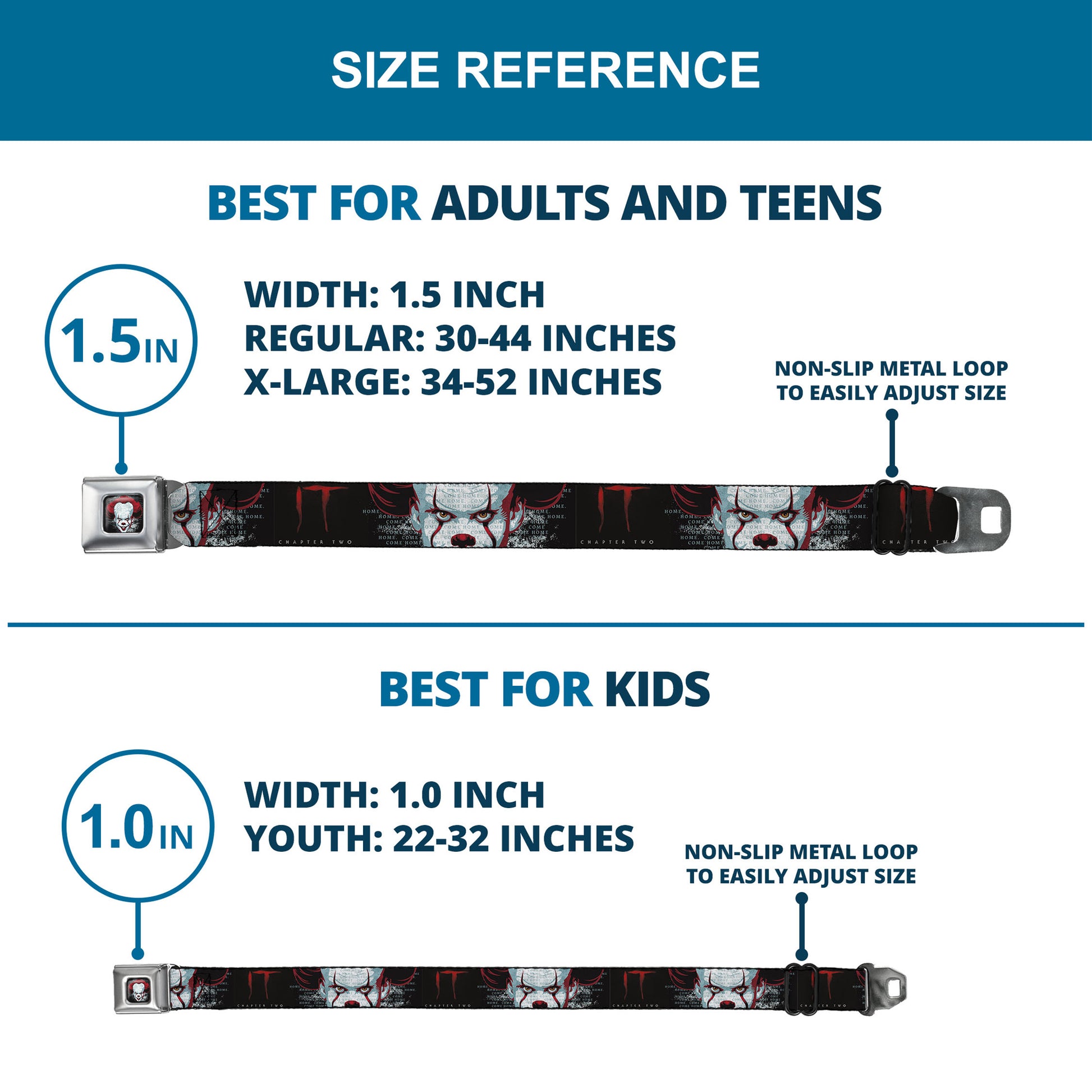 It Chapter Two Pennywise Face Full Color Black/Reds/Blues Seatbelt Belt - IT CHAPTER TWO Pennywise Face CLOSE-UP Black/Red/Blues Webbing Seatbelt Belts IT