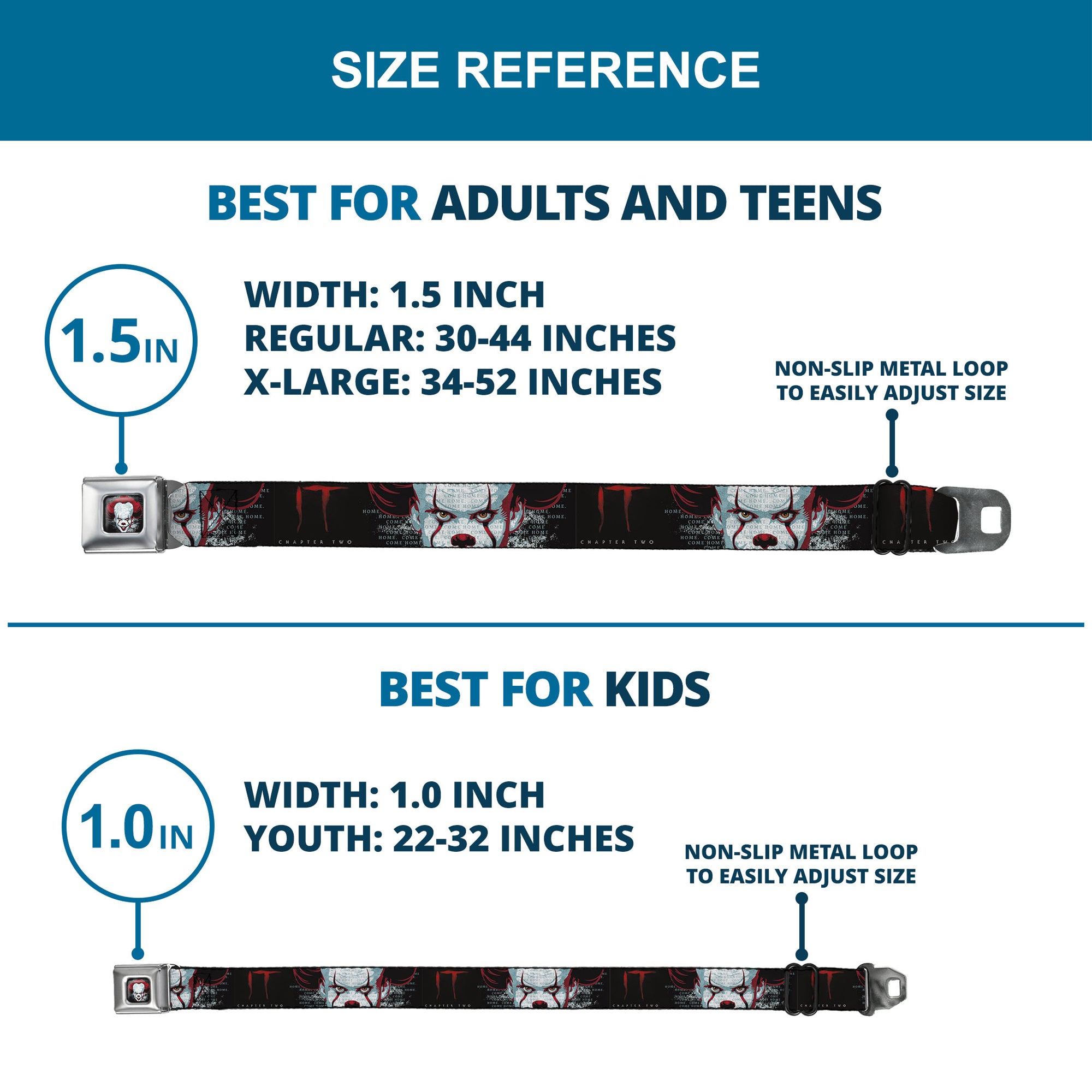 It Chapter Two Pennywise Face Full Color Black/Reds/Blues Seatbelt Belt - IT CHAPTER TWO Pennywise Face CLOSE-UP Black/Red/Blues Webbing Seatbelt Belts IT