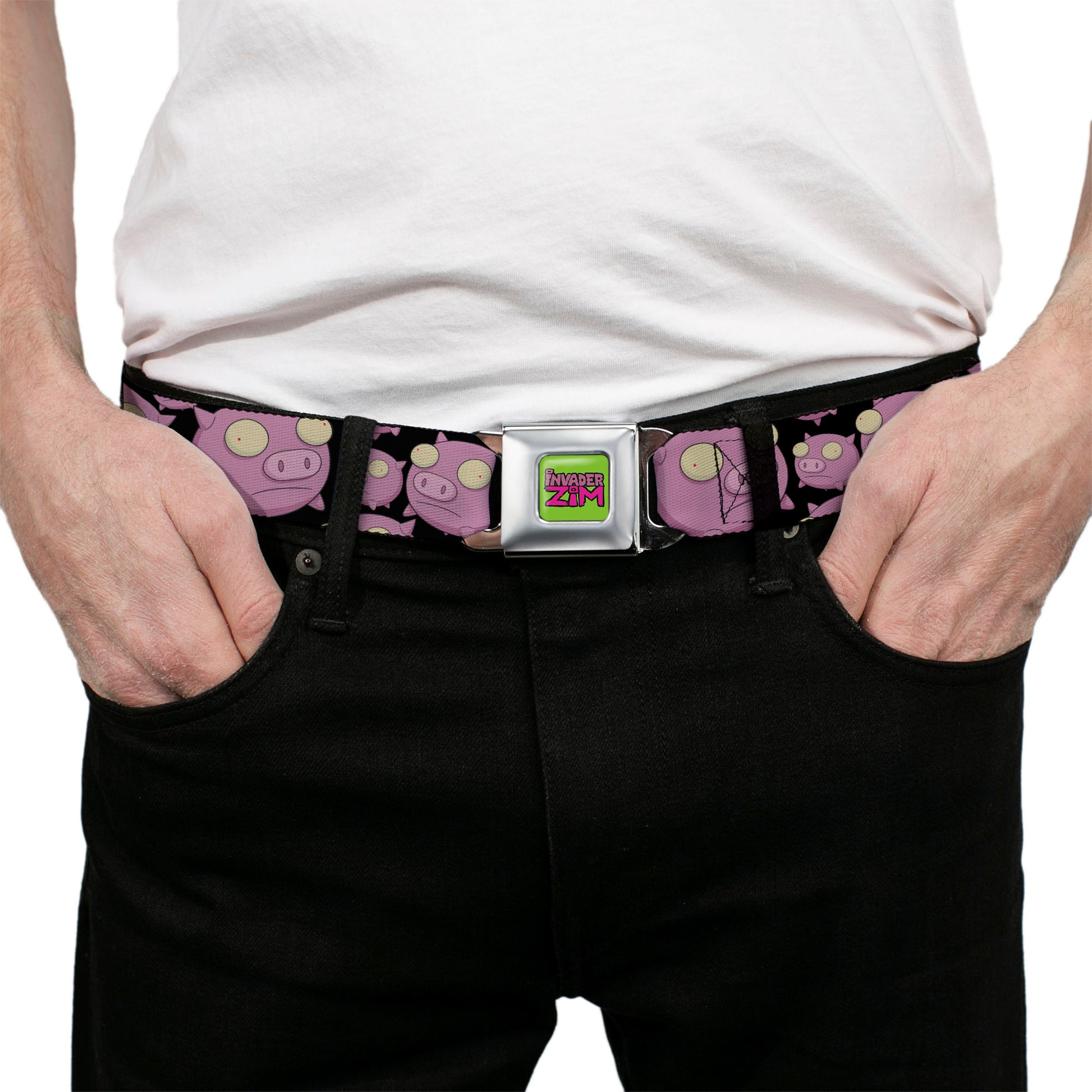 IVADER ZIM Title Logo Green/Pinks Seatbelt Belt - Invader Zim Pigs Scattered Black/Pinks Webbing Seatbelt Belts Invader Zim
