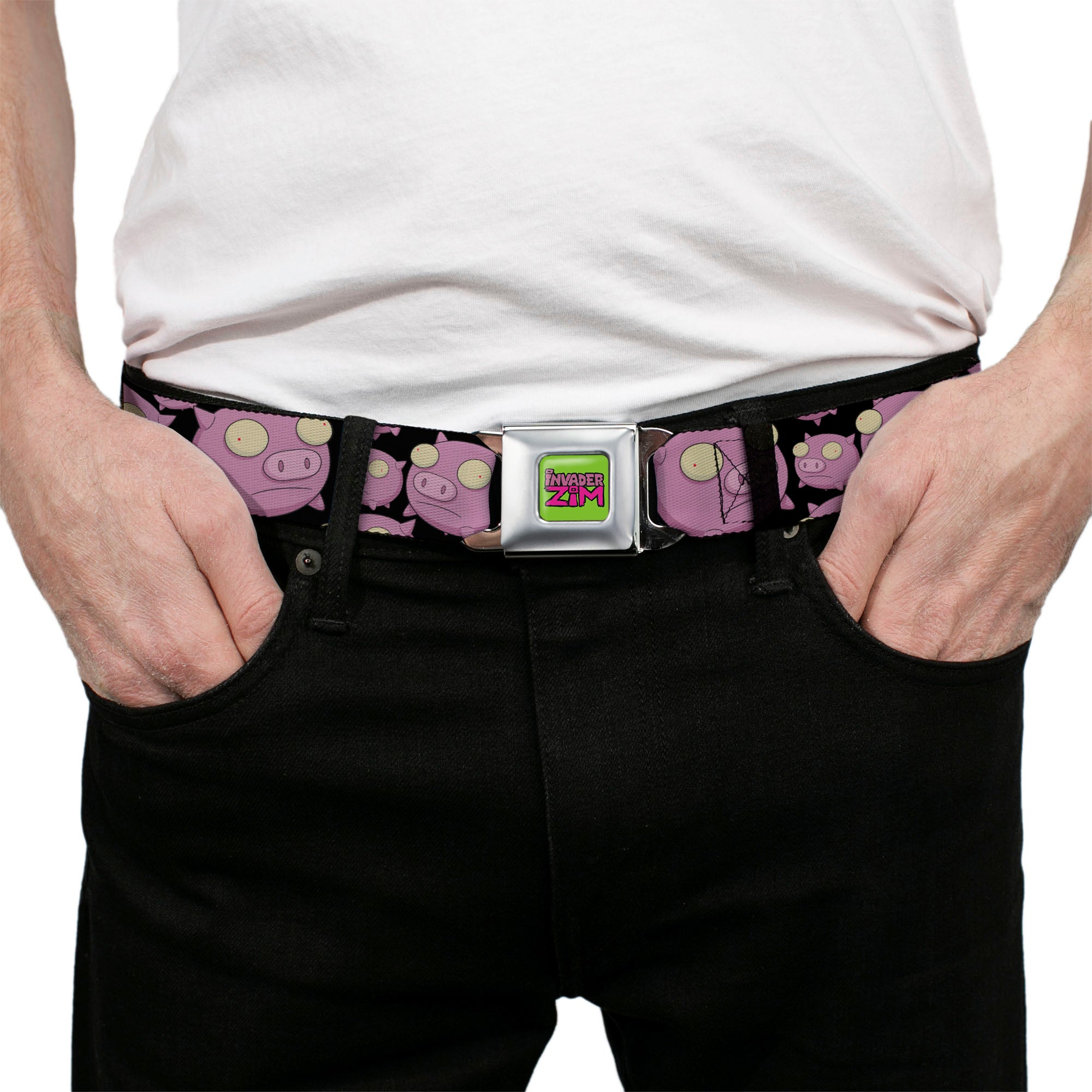 IVADER ZIM Title Logo Green/Pinks Seatbelt Belt - Invader Zim Pigs Scattered Black/Pinks Webbing Seatbelt Belts Invader Zim