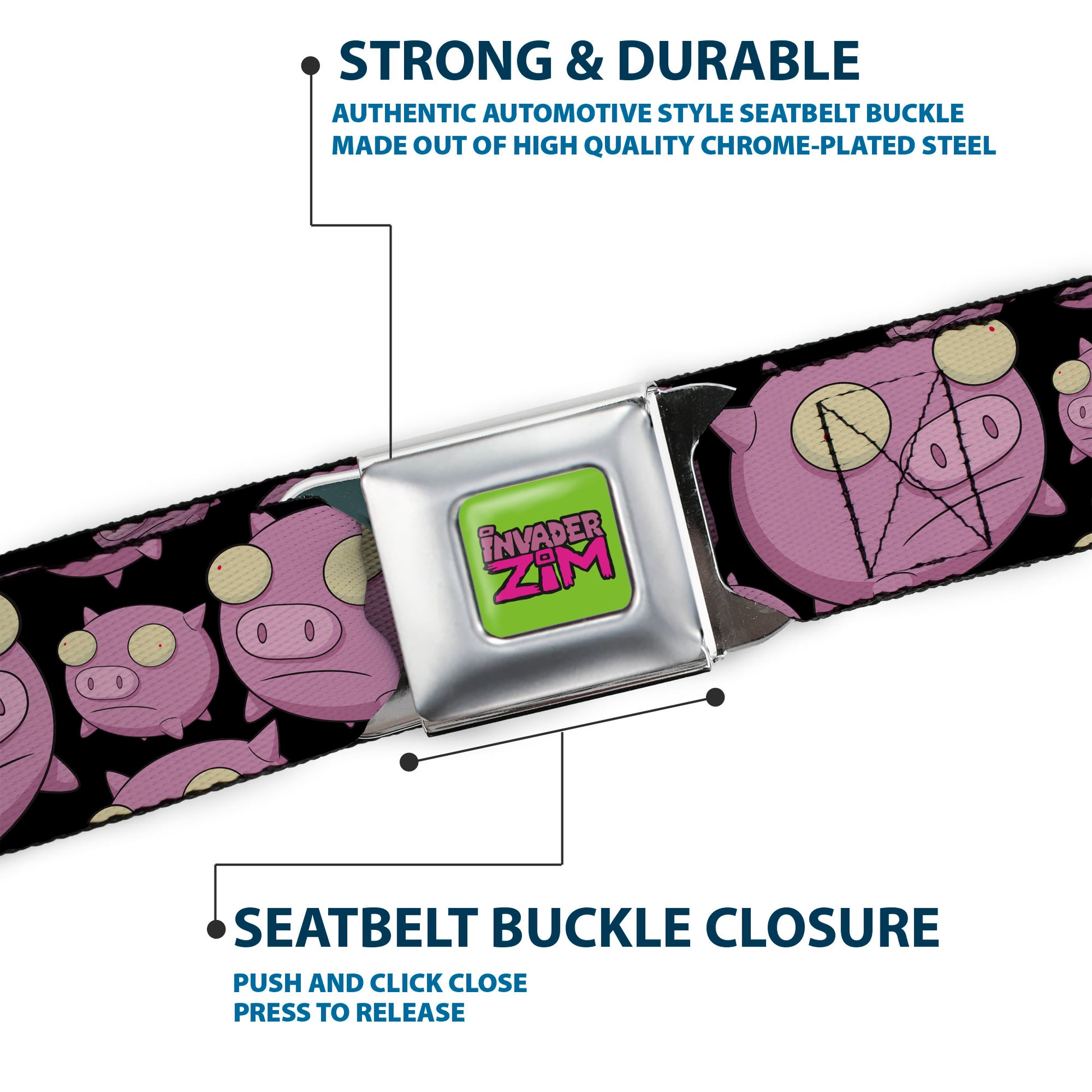 IVADER ZIM Title Logo Green/Pinks Seatbelt Belt - Invader Zim Pigs Scattered Black/Pinks Webbing Seatbelt Belts Invader Zim