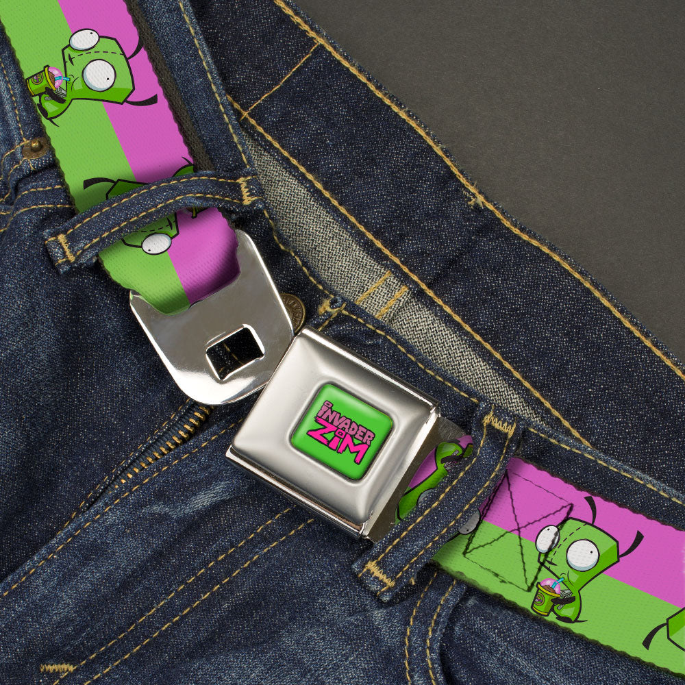 INVADER ZIM Title Logo Full Color Green/Pinks Seatbelt Belt - Invader Zim GIR Drinking Pose Stripe Purple/Green Webbing Seatbelt Belts Invader Zim