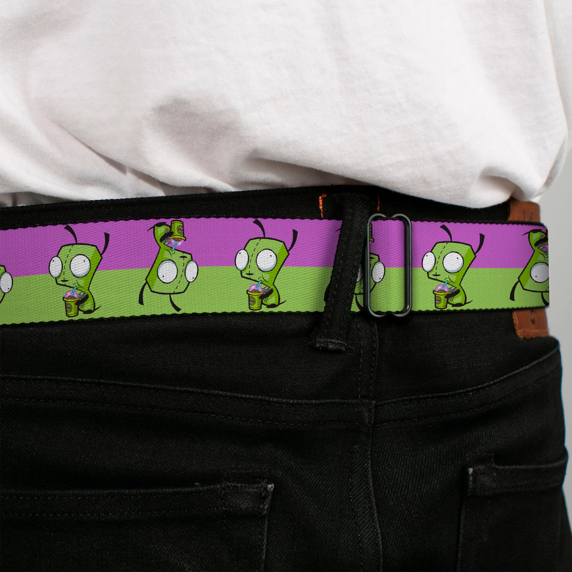 INVADER ZIM Title Logo Full Color Green/Pinks Seatbelt Belt - Invader Zim GIR Drinking Pose Stripe Purple/Green Webbing Seatbelt Belts Invader Zim