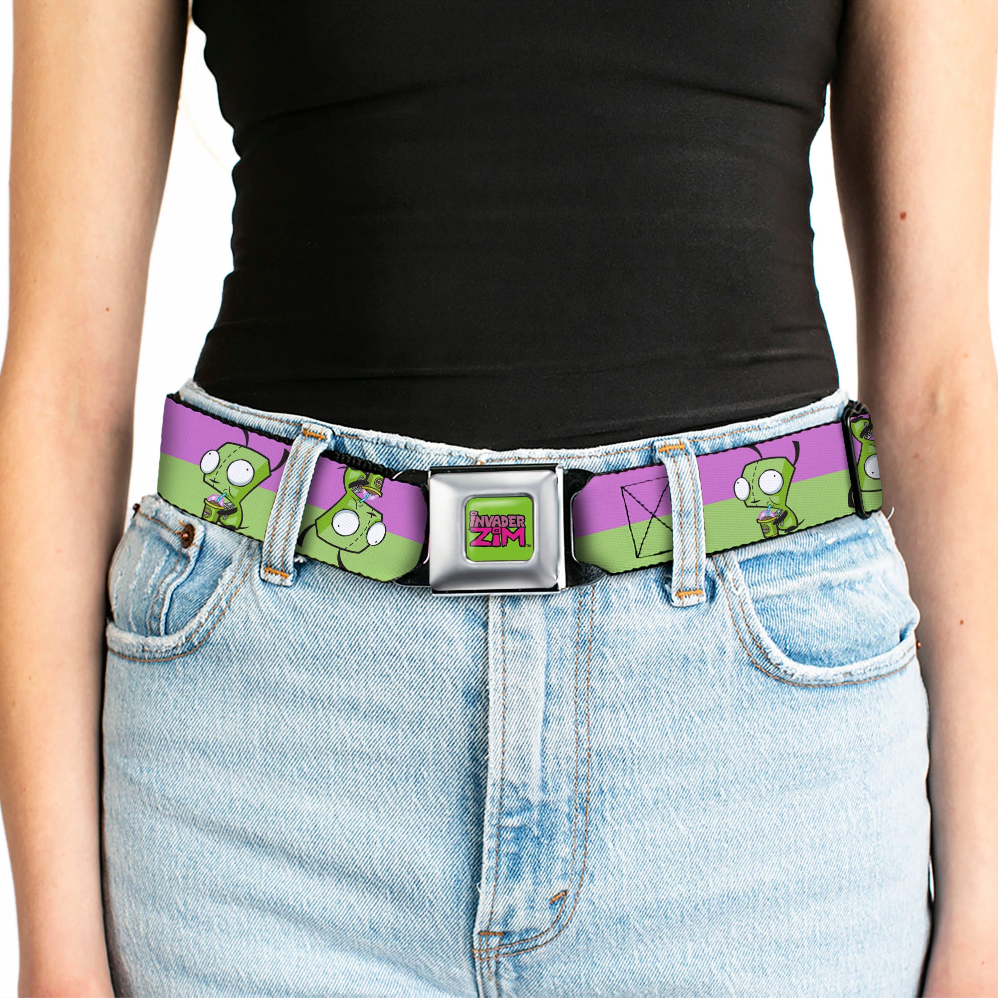 INVADER ZIM Title Logo Full Color Green/Pinks Seatbelt Belt - Invader Zim GIR Drinking Pose Stripe Purple/Green Webbing Seatbelt Belts Invader Zim