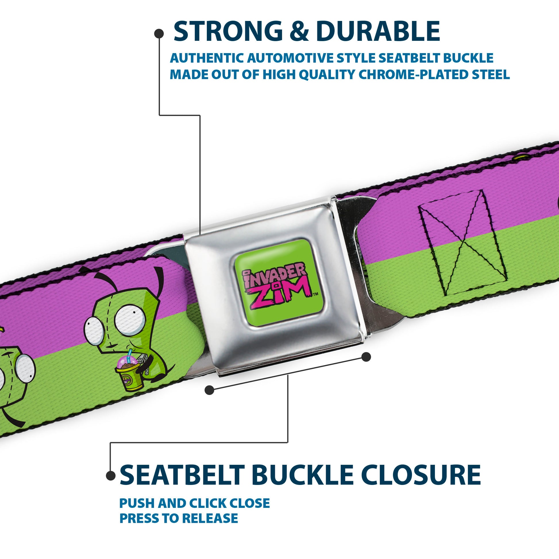 INVADER ZIM Title Logo Full Color Green/Pinks Seatbelt Belt - Invader Zim GIR Drinking Pose Stripe Purple/Green Webbing Seatbelt Belts Invader Zim