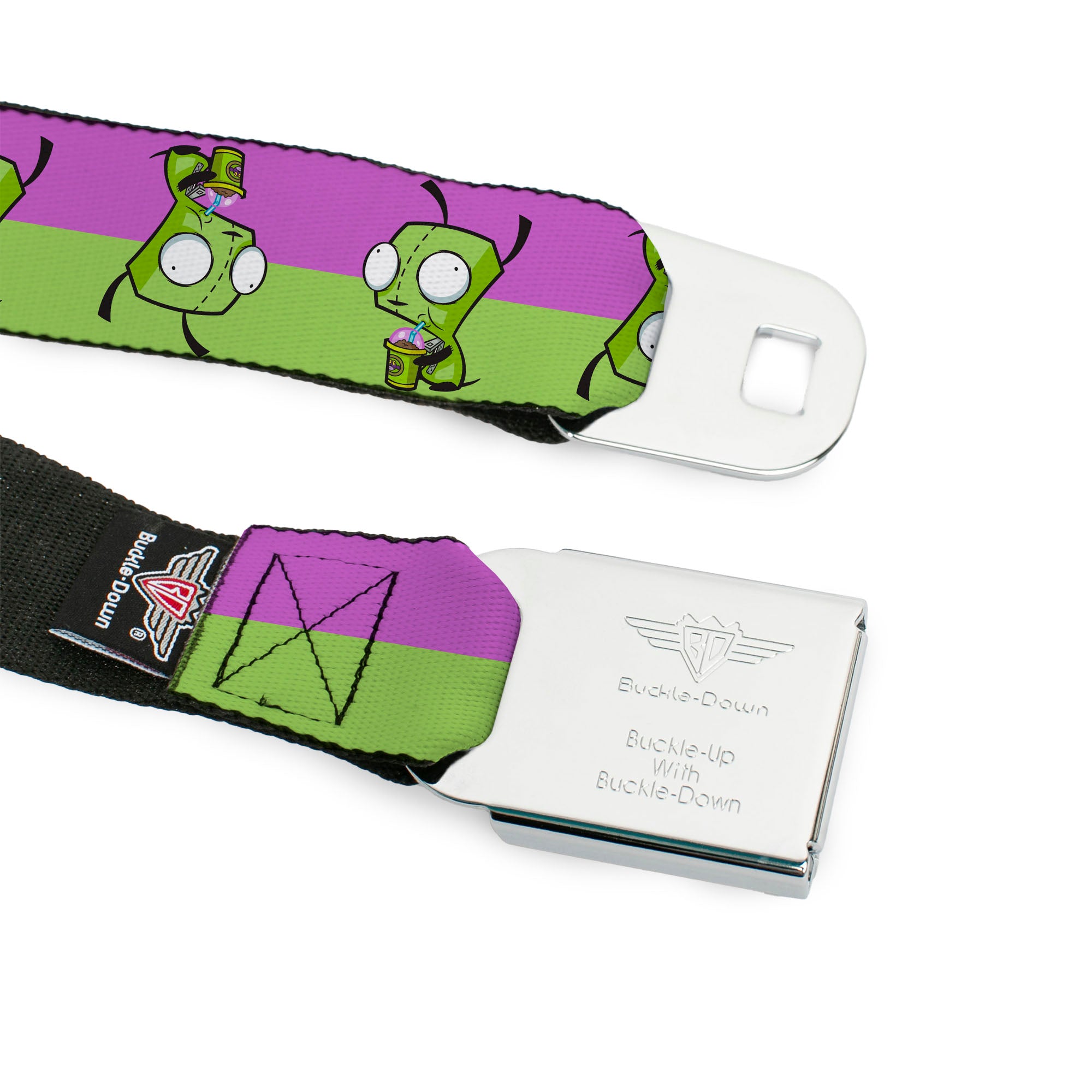 INVADER ZIM Title Logo Full Color Green/Pinks Seatbelt Belt - Invader Zim GIR Drinking Pose Stripe Purple/Green Webbing Seatbelt Belts Invader Zim