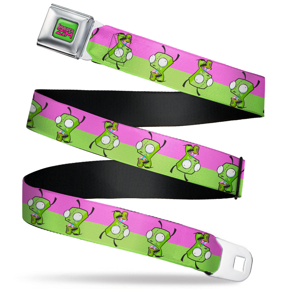 INVADER ZIM Title Logo Full Color Green/Pinks Seatbelt Belt - Invader Zim GIR Drinking Pose Stripe Purple/Green Webbing Seatbelt Belts Invader Zim