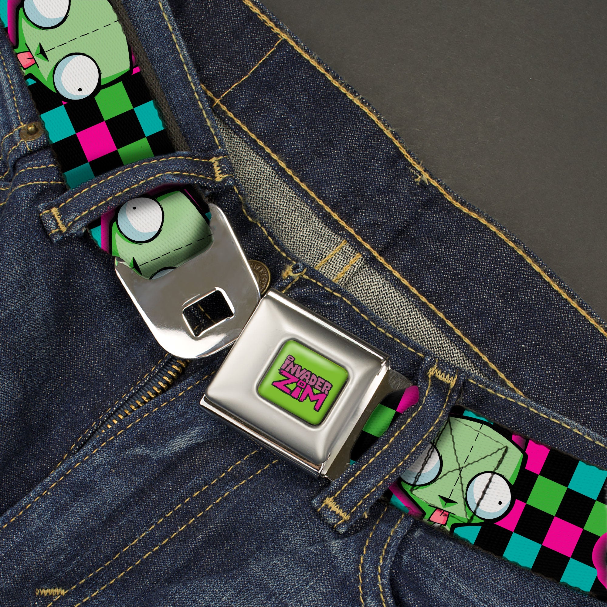 IVADER ZIM Title Logo Full Color Green/Pinks Seatbelt Belt - Invader Zim GIR Face Checker Black/Multi Neon Webbing Seatbelt Belts Invader Zim