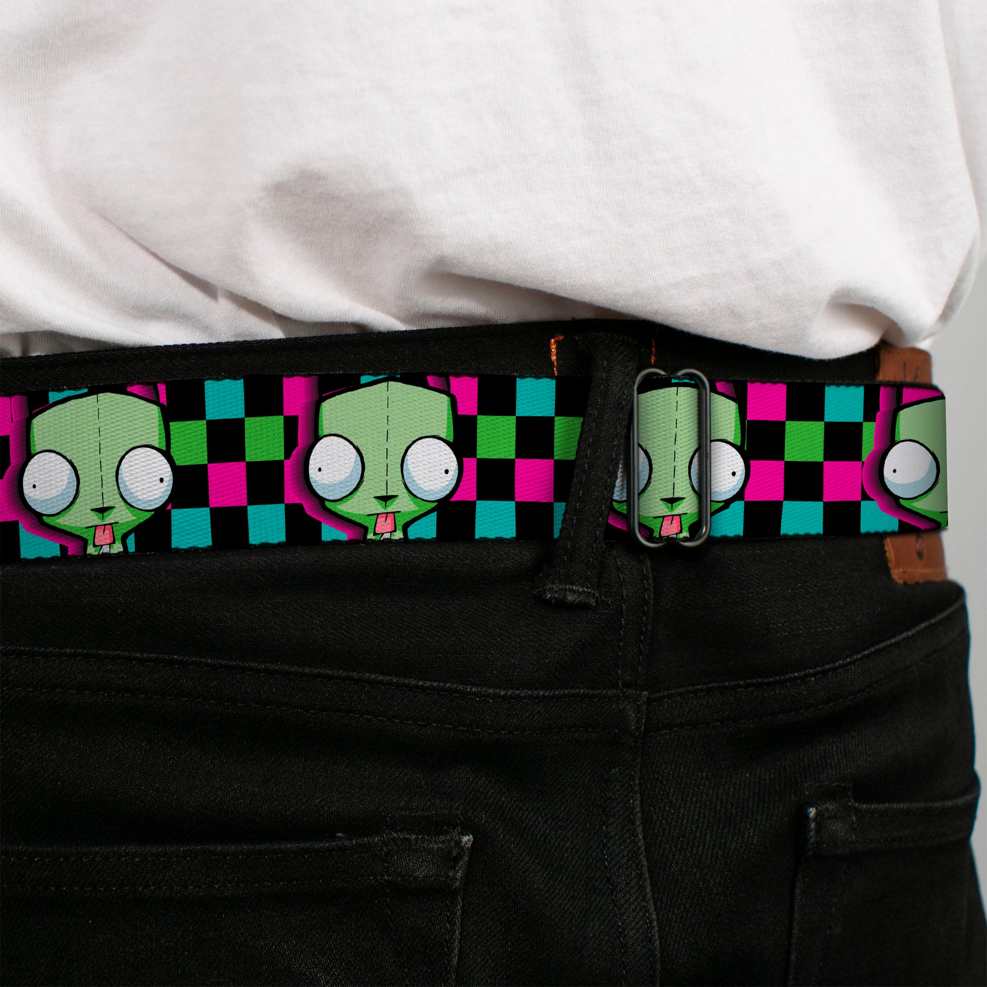 IVADER ZIM Title Logo Full Color Green/Pinks Seatbelt Belt - Invader Zim GIR Face Checker Black/Multi Neon Webbing Seatbelt Belts Invader Zim