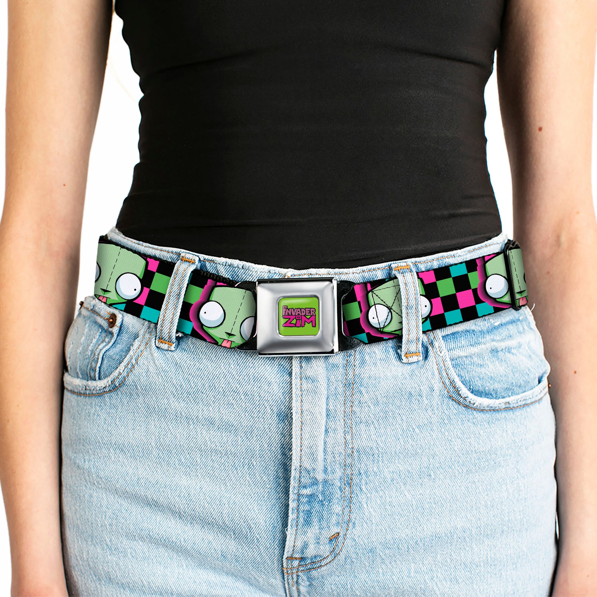IVADER ZIM Title Logo Full Color Green/Pinks Seatbelt Belt - Invader Zim GIR Face Checker Black/Multi Neon Webbing Seatbelt Belts Invader Zim