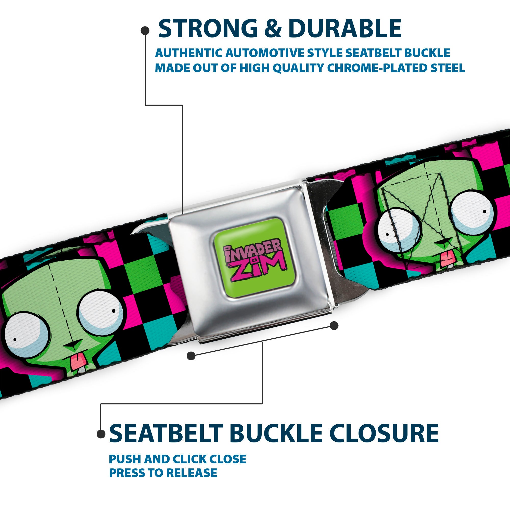 IVADER ZIM Title Logo Full Color Green/Pinks Seatbelt Belt - Invader Zim GIR Face Checker Black/Multi Neon Webbing Seatbelt Belts Invader Zim
