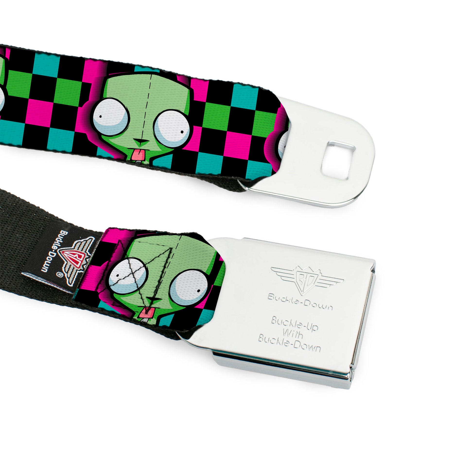 IVADER ZIM Title Logo Full Color Green/Pinks Seatbelt Belt - Invader Zim GIR Face Checker Black/Multi Neon Webbing Seatbelt Belts Invader Zim