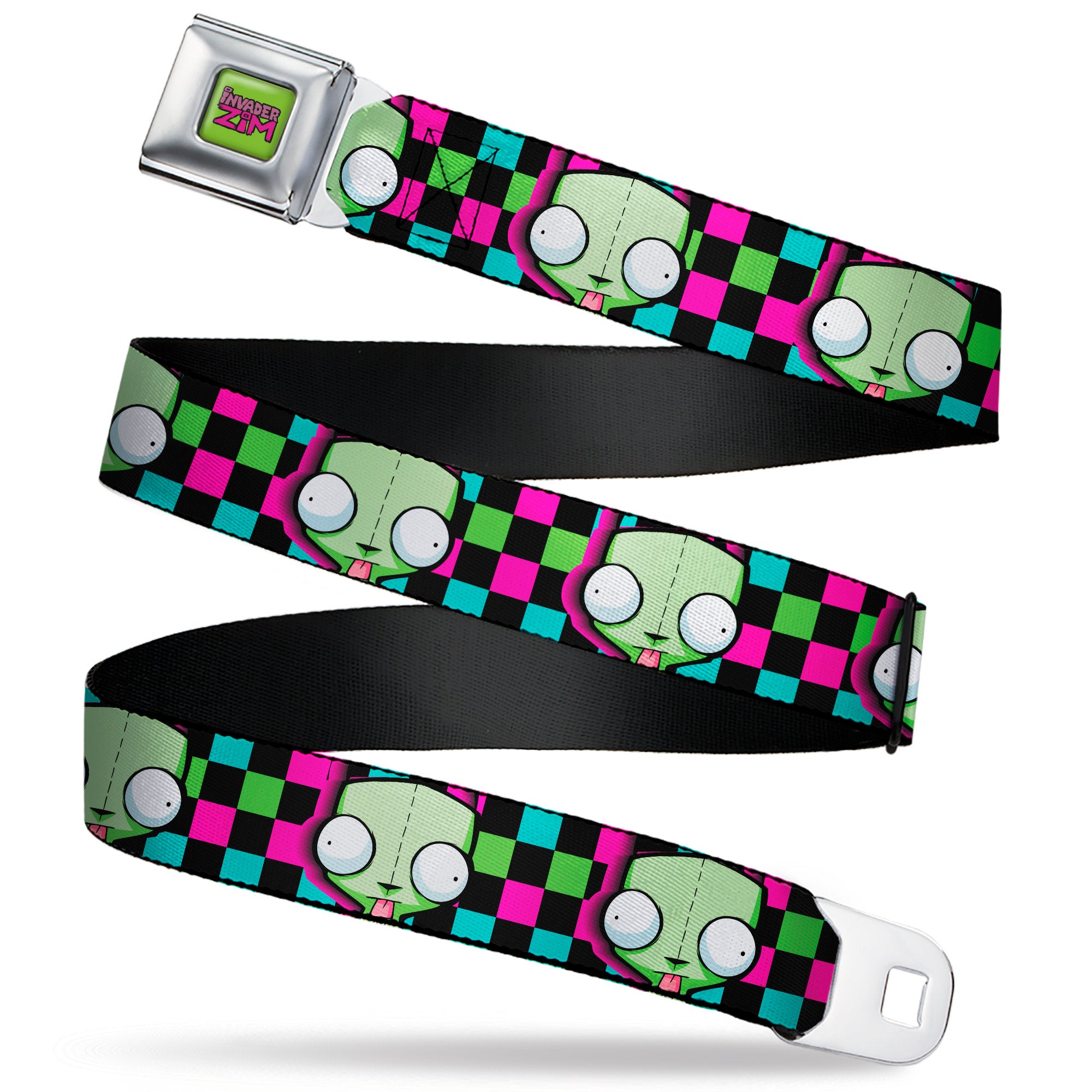 IVADER ZIM Title Logo Full Color Green/Pinks Seatbelt Belt - Invader Zim GIR Face Checker Black/Multi Neon Webbing Seatbelt Belts Invader Zim
