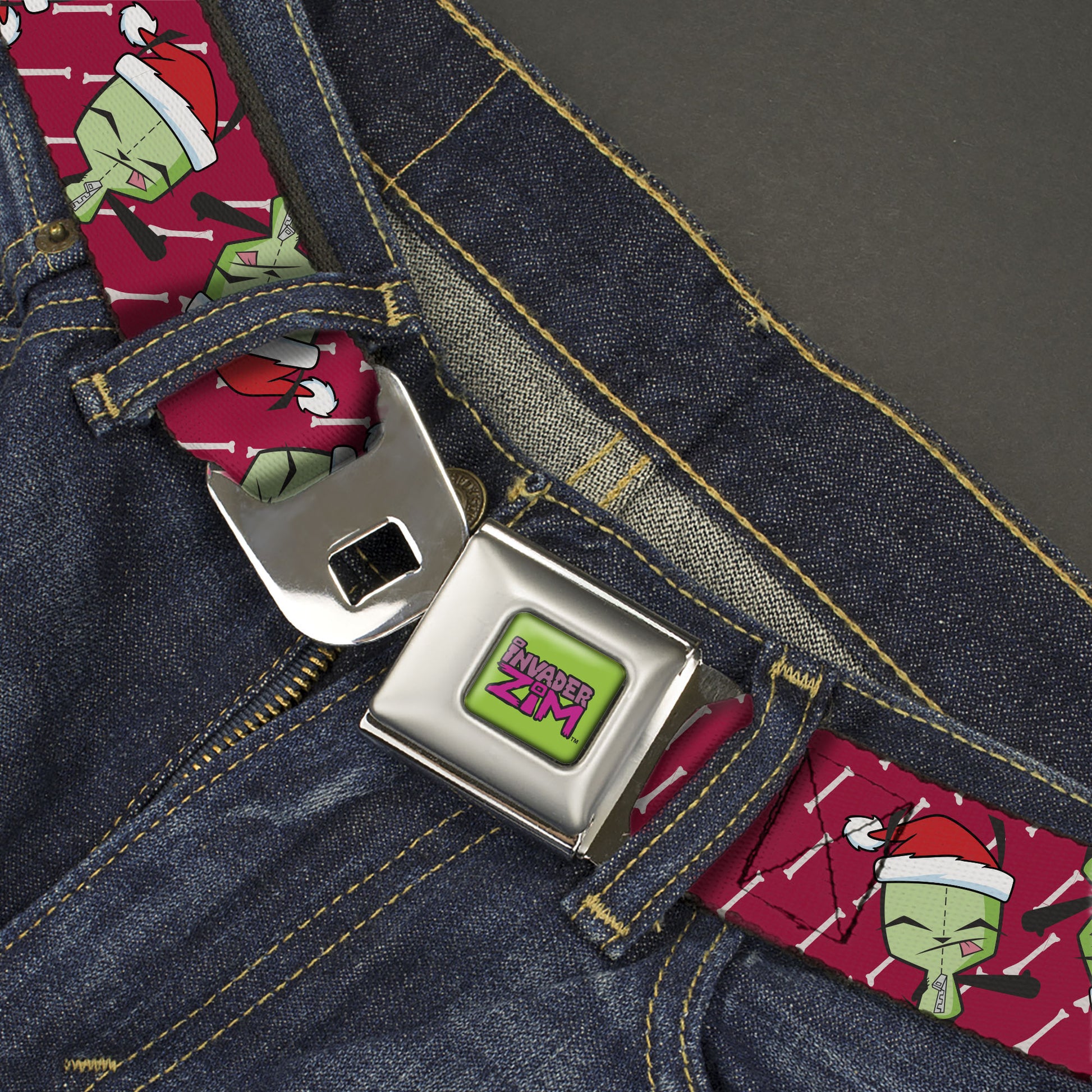 INVADER ZIM Title Logo Green/Pinks Seatbelt Belt - Invader Zim Holiday GIR Santa Hat Pose Flips and Bone Red Webbing Seatbelt Belts Invader Zim