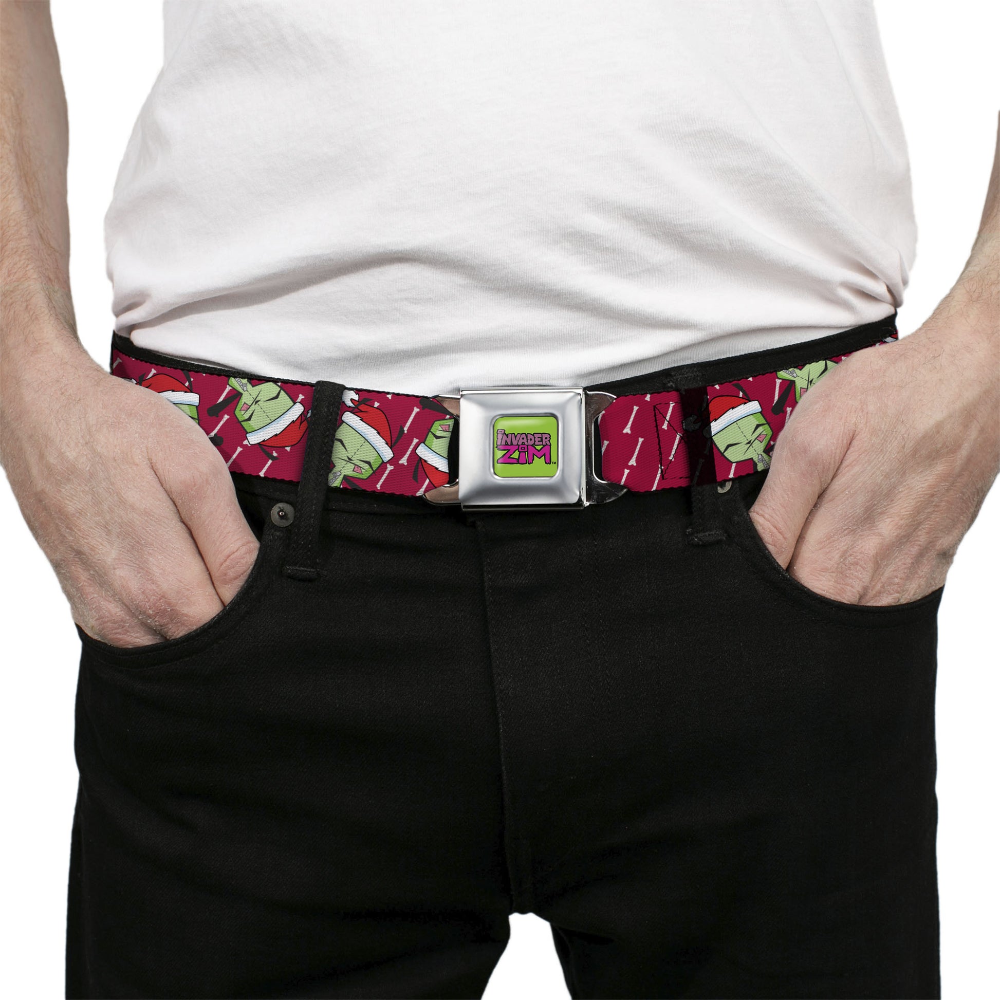 INVADER ZIM Title Logo Green/Pinks Seatbelt Belt - Invader Zim Holiday GIR Santa Hat Pose Flips and Bone Red Webbing Seatbelt Belts Invader Zim