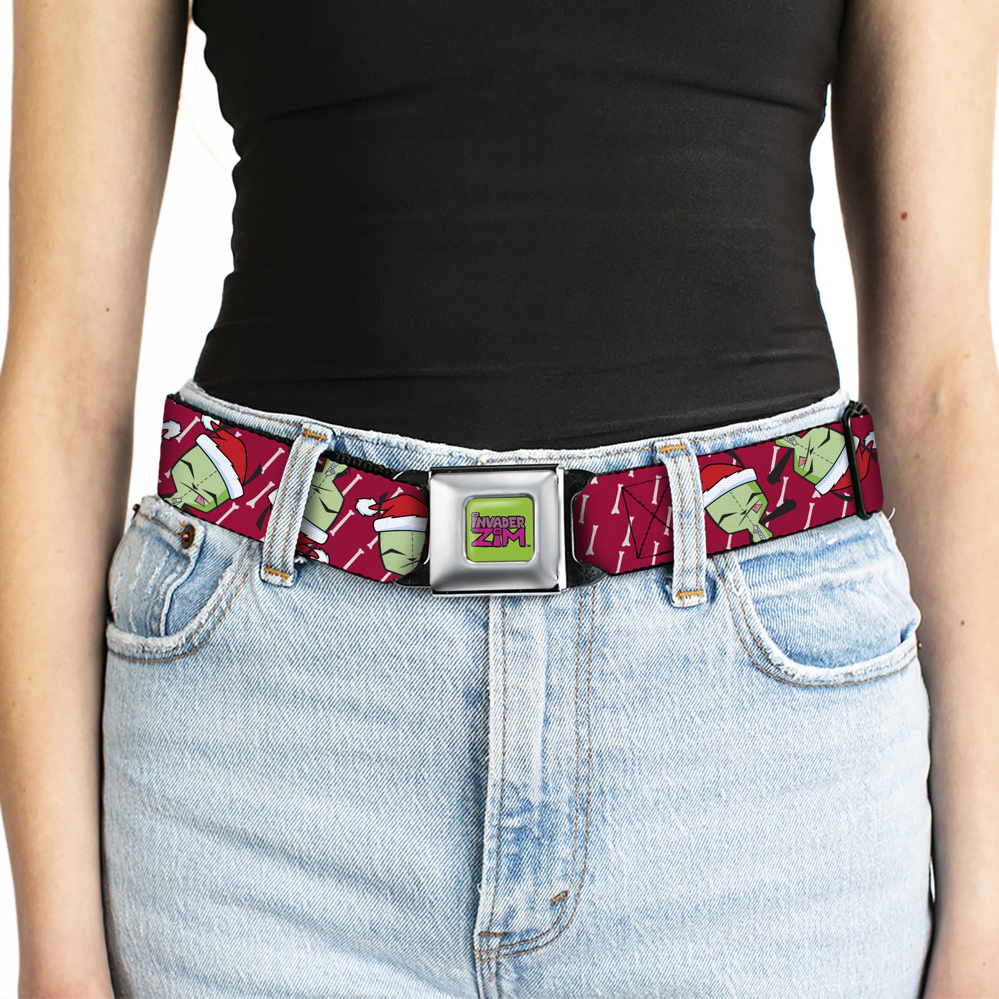 INVADER ZIM Title Logo Green/Pinks Seatbelt Belt - Invader Zim Holiday GIR Santa Hat Pose Flips and Bone Red Webbing Seatbelt Belts Invader Zim
