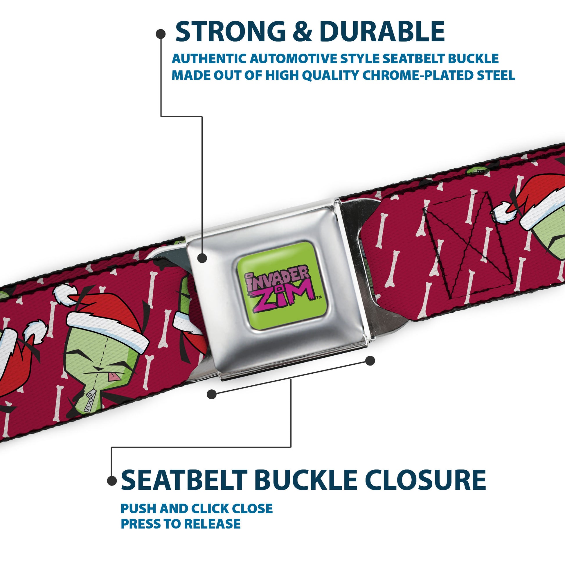 INVADER ZIM Title Logo Green/Pinks Seatbelt Belt - Invader Zim Holiday GIR Santa Hat Pose Flips and Bone Red Webbing Seatbelt Belts Invader Zim