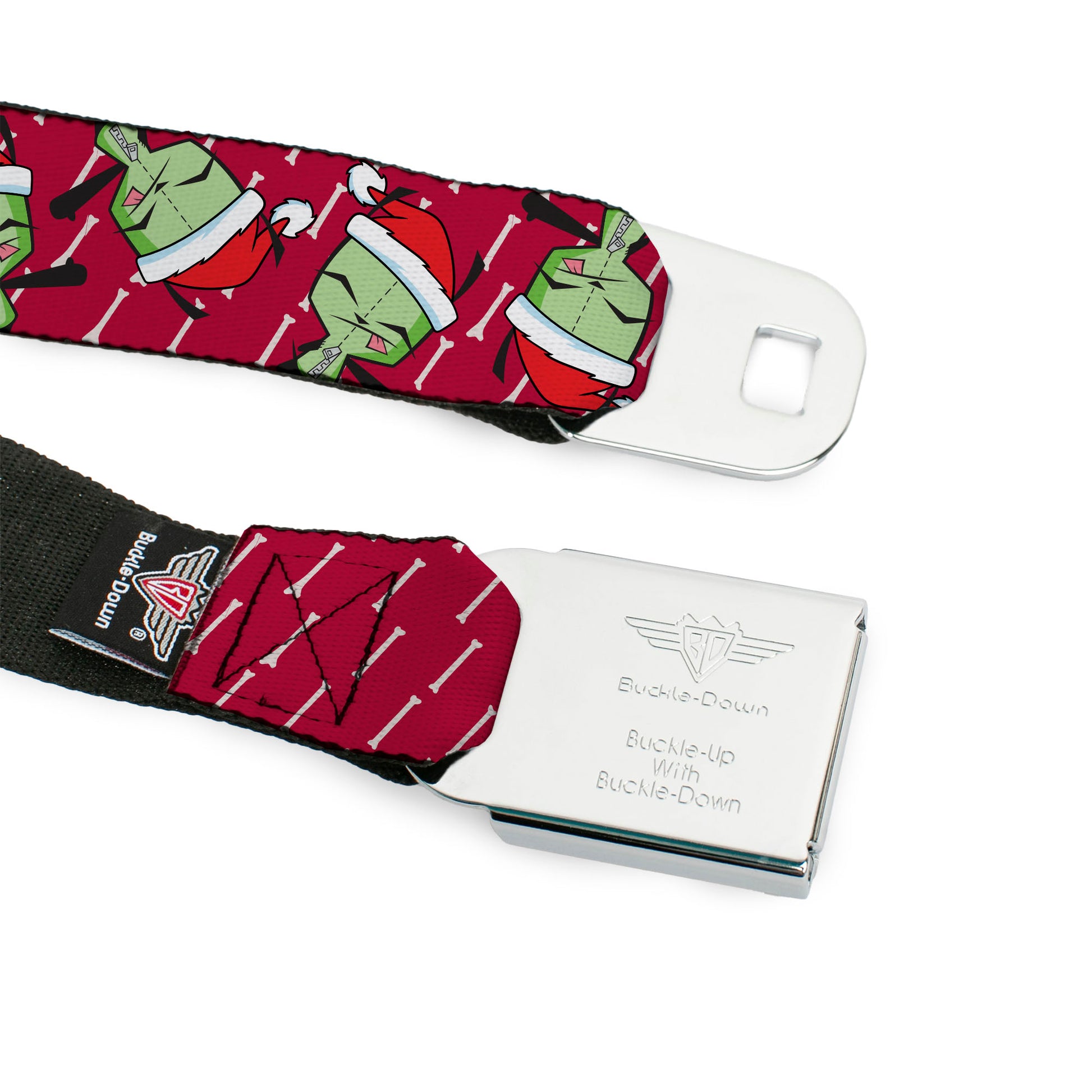 INVADER ZIM Title Logo Green/Pinks Seatbelt Belt - Invader Zim Holiday GIR Santa Hat Pose Flips and Bone Red Webbing Seatbelt Belts Invader Zim