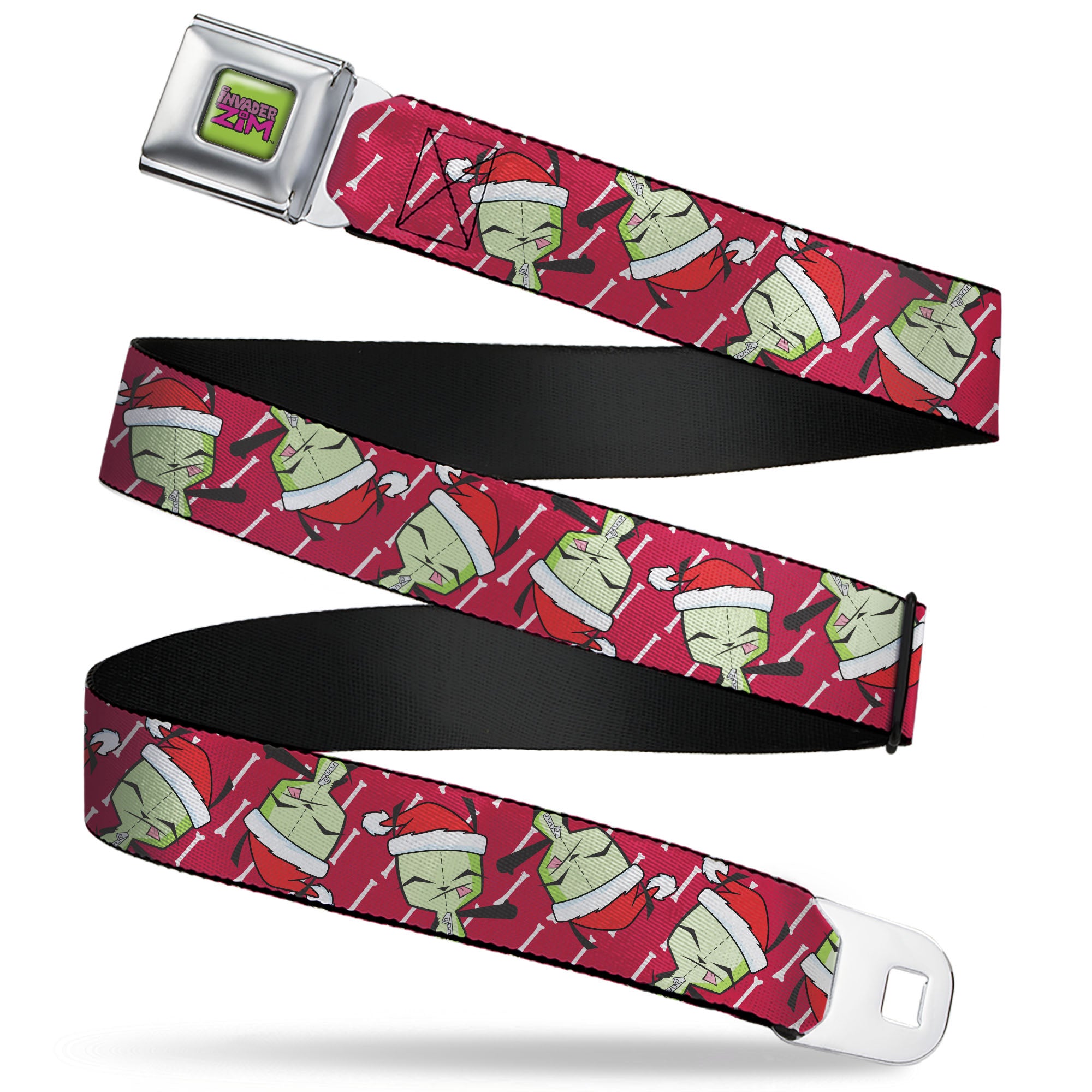 INVADER ZIM Title Logo Green/Pinks Seatbelt Belt - Invader Zim Holiday GIR Santa Hat Pose Flips and Bone Red Webbing Seatbelt Belts Invader Zim