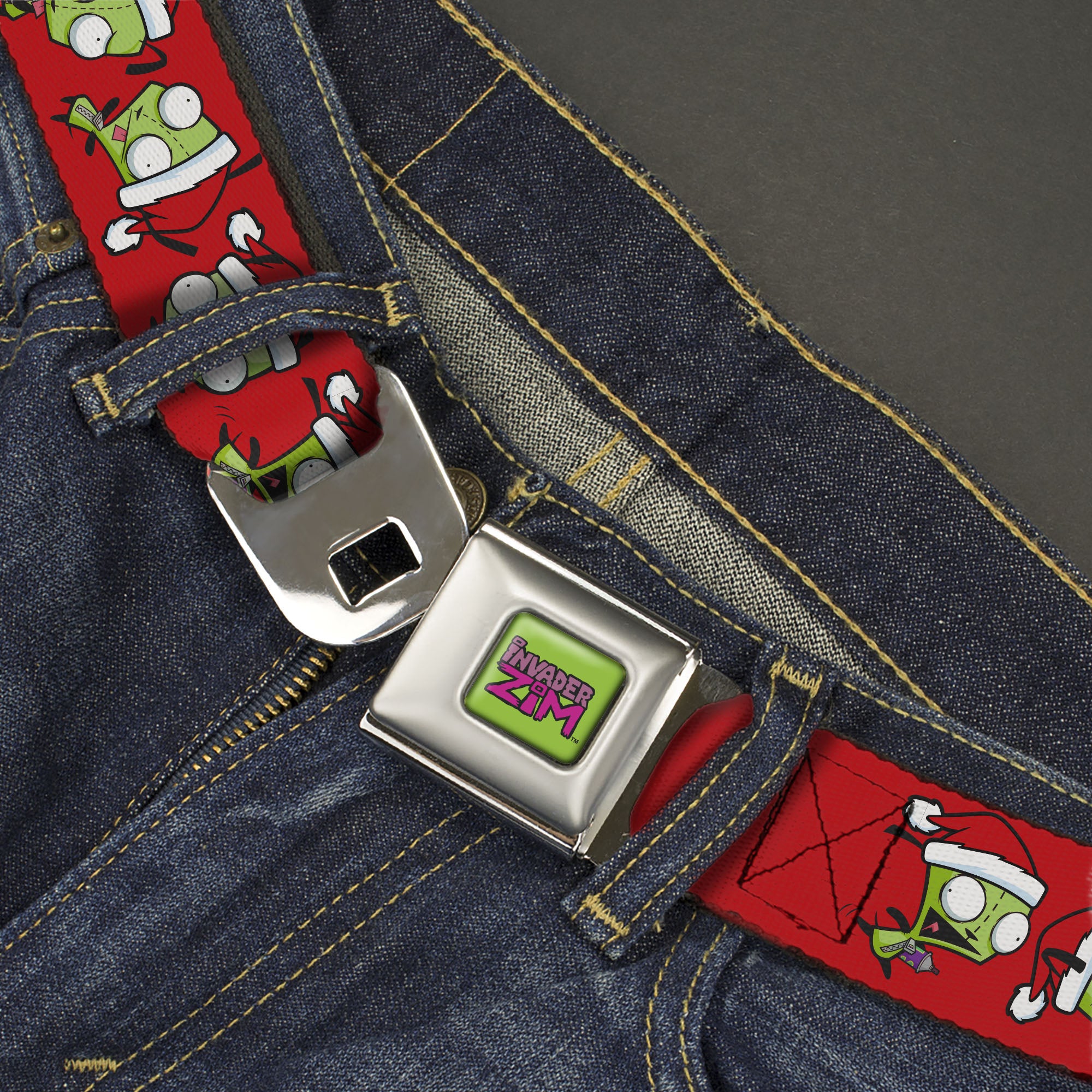 INVADER ZIM Title Logo Full Color Green/Pinks Seatbelt Belt - Invader Zim Holiday GIR Santa Poses Red Webbing Seatbelt Belts Invader Zim