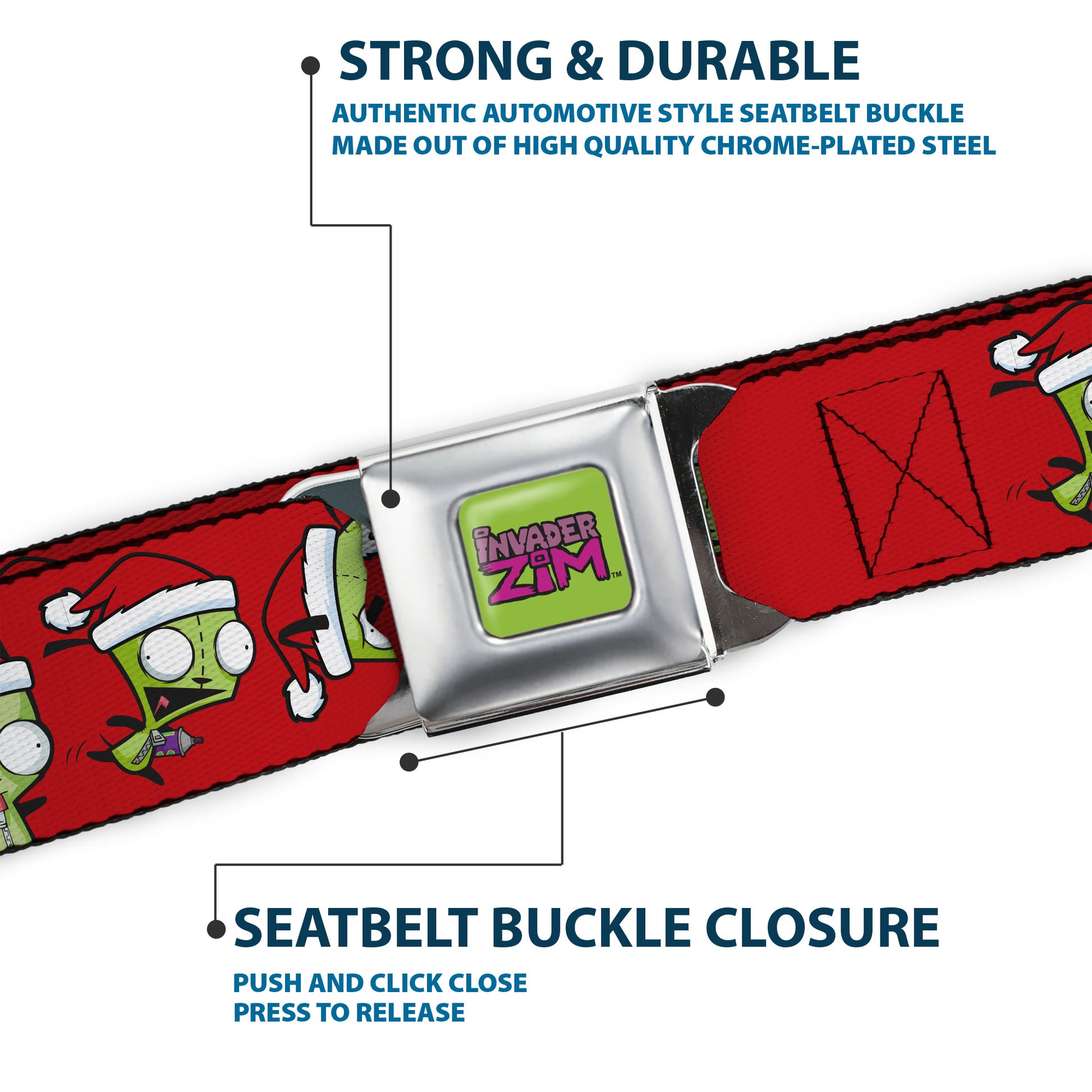 INVADER ZIM Title Logo Full Color Green/Pinks Seatbelt Belt - Invader Zim Holiday GIR Santa Poses Red Webbing Seatbelt Belts Invader Zim