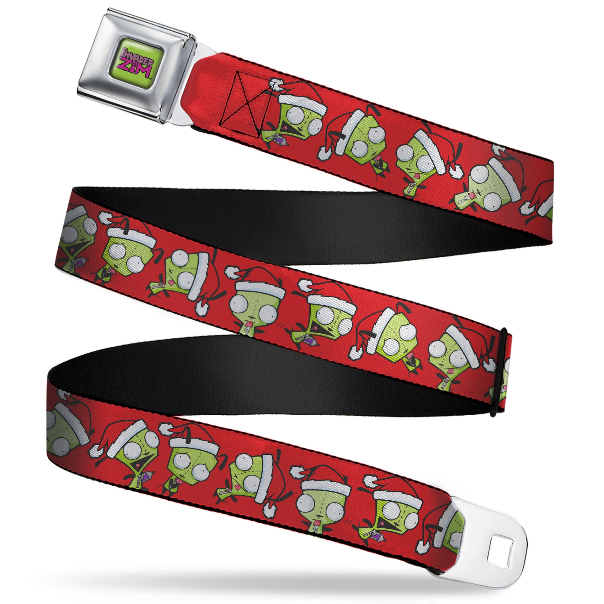 INVADER ZIM Title Logo Full Color Green/Pinks Seatbelt Belt - Invader Zim Holiday GIR Santa Poses Red Webbing Seatbelt Belts Invader Zim
