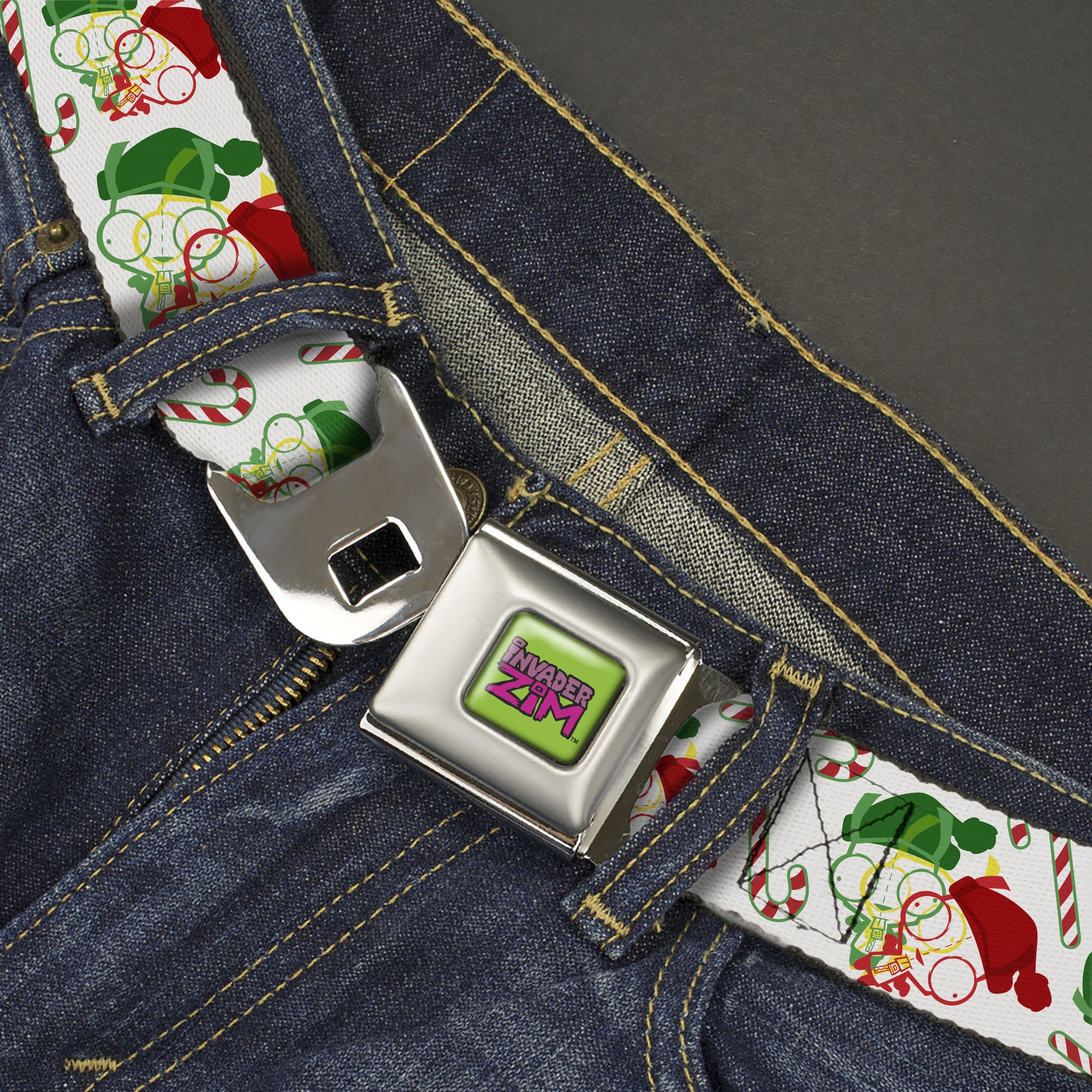 INVADER ZIM Title Logo Full Color Green/Pinks Seatbelt Belt - Invader Zim Holiday GIR and Candy Canes Scattered White/Red/Green Webbing Seatbelt Belts Invader Zim