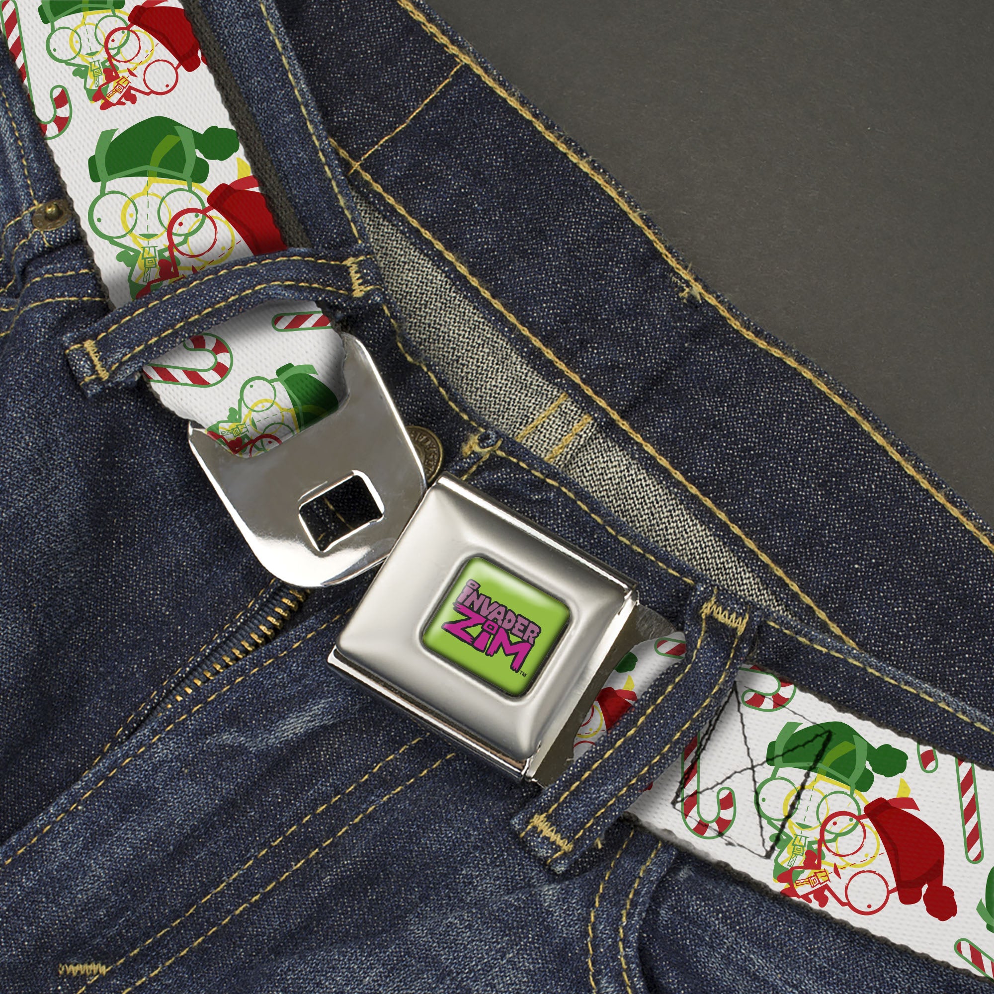 INVADER ZIM Title Logo Full Color Green/Pinks Seatbelt Belt - Invader Zim Holiday GIR and Candy Canes Scattered White/Red/Green Webbing Seatbelt Belts Invader Zim
