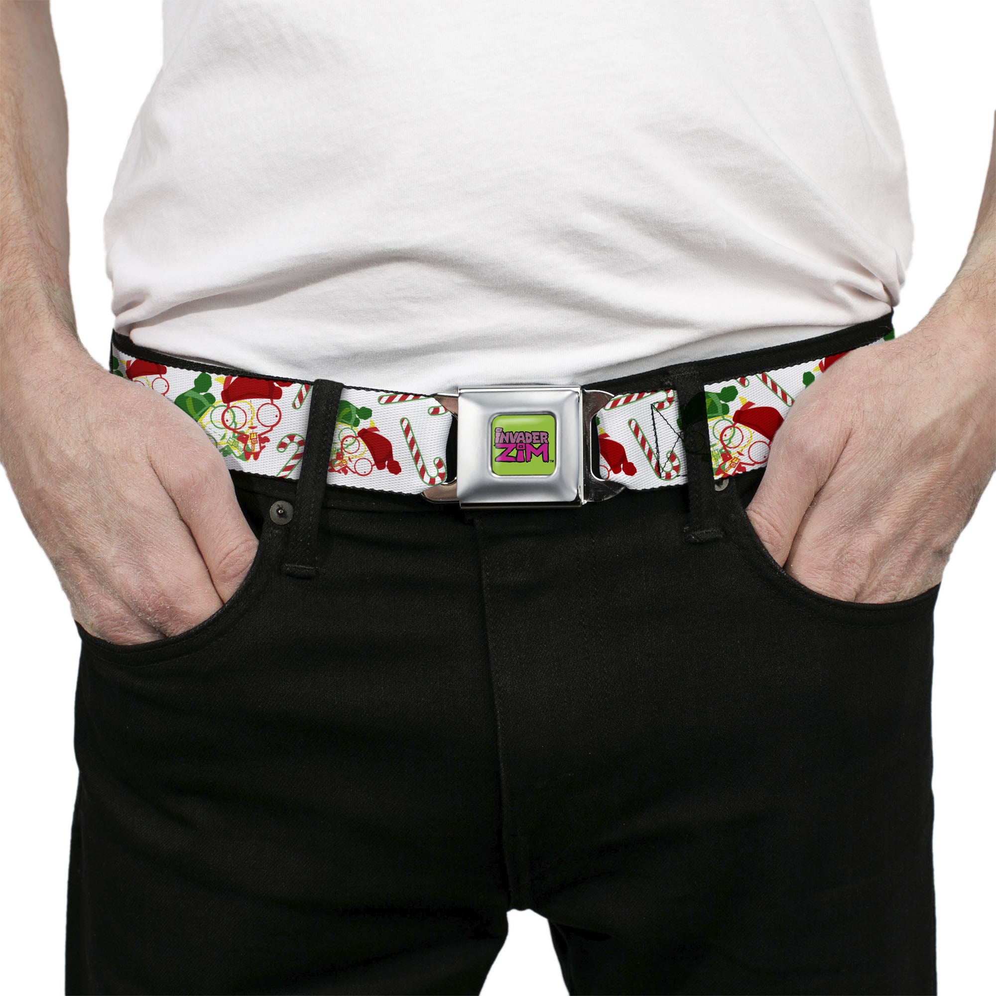 INVADER ZIM Title Logo Full Color Green/Pinks Seatbelt Belt - Invader Zim Holiday GIR and Candy Canes Scattered White/Red/Green Webbing Seatbelt Belts Invader Zim