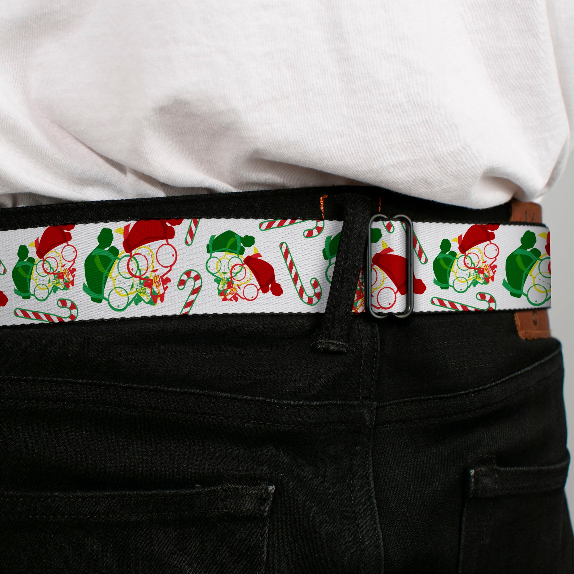 INVADER ZIM Title Logo Full Color Green/Pinks Seatbelt Belt - Invader Zim Holiday GIR and Candy Canes Scattered White/Red/Green Webbing Seatbelt Belts Invader Zim