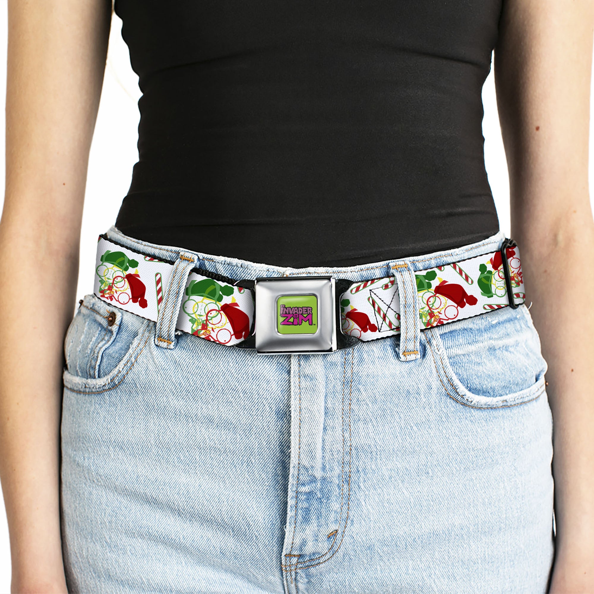 INVADER ZIM Title Logo Full Color Green/Pinks Seatbelt Belt - Invader Zim Holiday GIR and Candy Canes Scattered White/Red/Green Webbing Seatbelt Belts Invader Zim