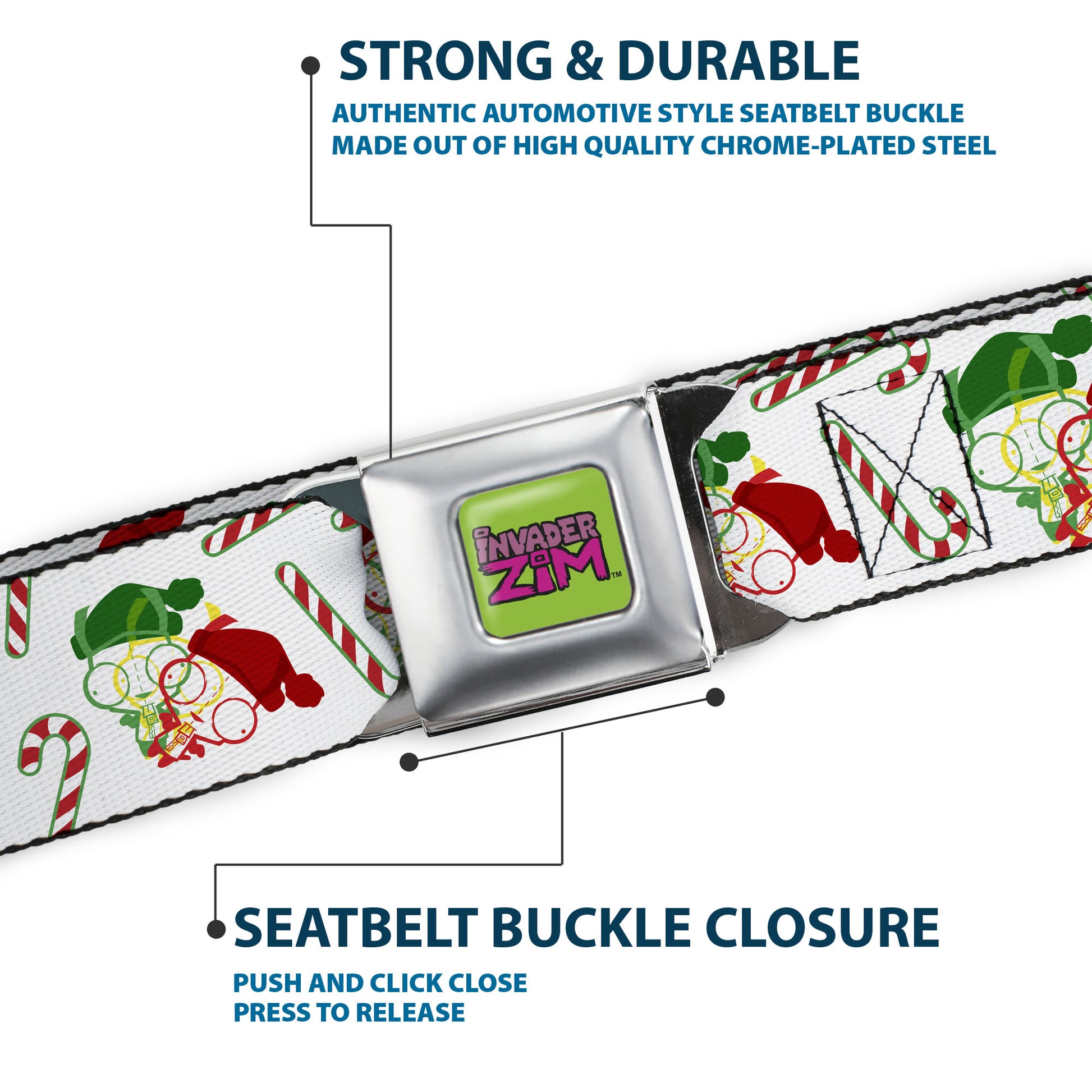 INVADER ZIM Title Logo Full Color Green/Pinks Seatbelt Belt - Invader Zim Holiday GIR and Candy Canes Scattered White/Red/Green Webbing Seatbelt Belts Invader Zim