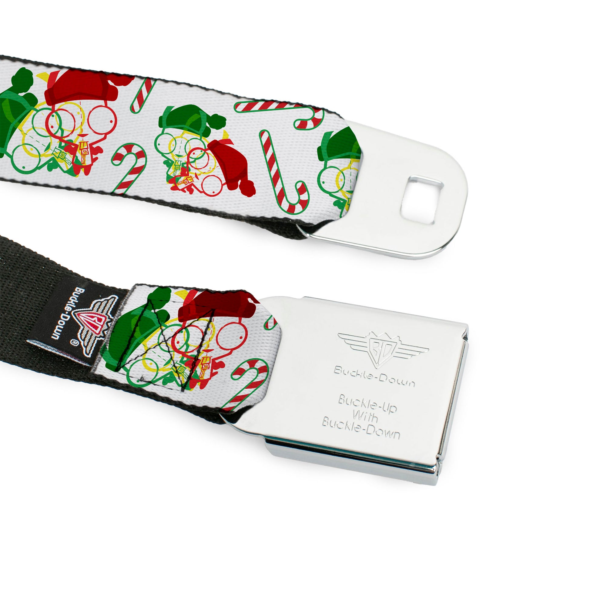 INVADER ZIM Title Logo Full Color Green/Pinks Seatbelt Belt - Invader Zim Holiday GIR and Candy Canes Scattered White/Red/Green Webbing Seatbelt Belts Invader Zim