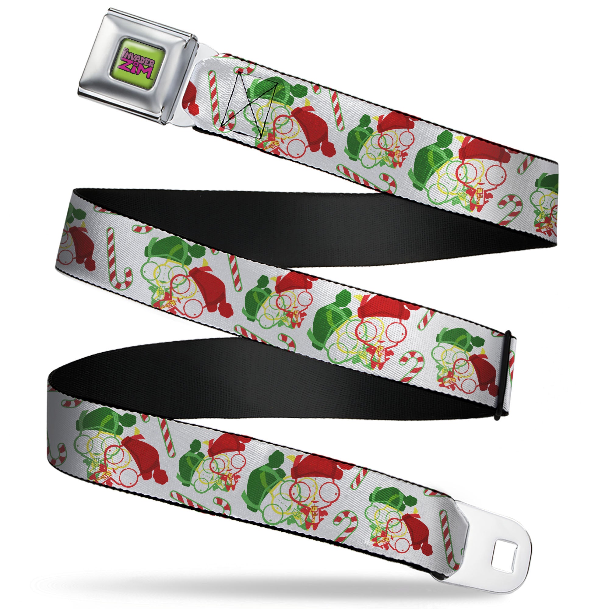 INVADER ZIM Title Logo Full Color Green/Pinks Seatbelt Belt - Invader Zim Holiday GIR and Candy Canes Scattered White/Red/Green Webbing Seatbelt Belts Invader Zim