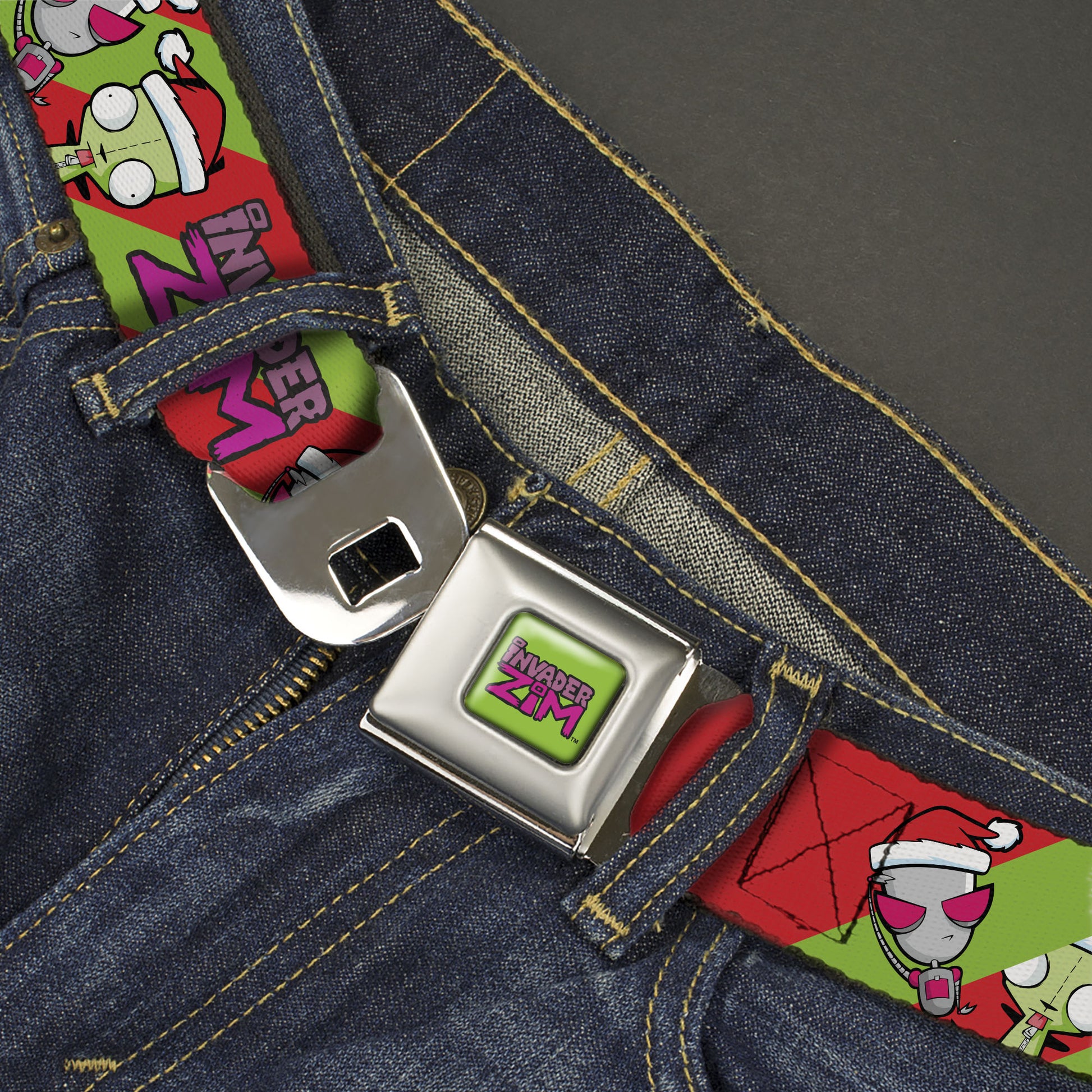 INVADER ZIM Title Logo Full Color Green/Pinks Seatbelt Belt - Invader Zim Holiday GIR Poses and Title Logo Stripe Green/Red Webbing Seatbelt Belts Invader Zim