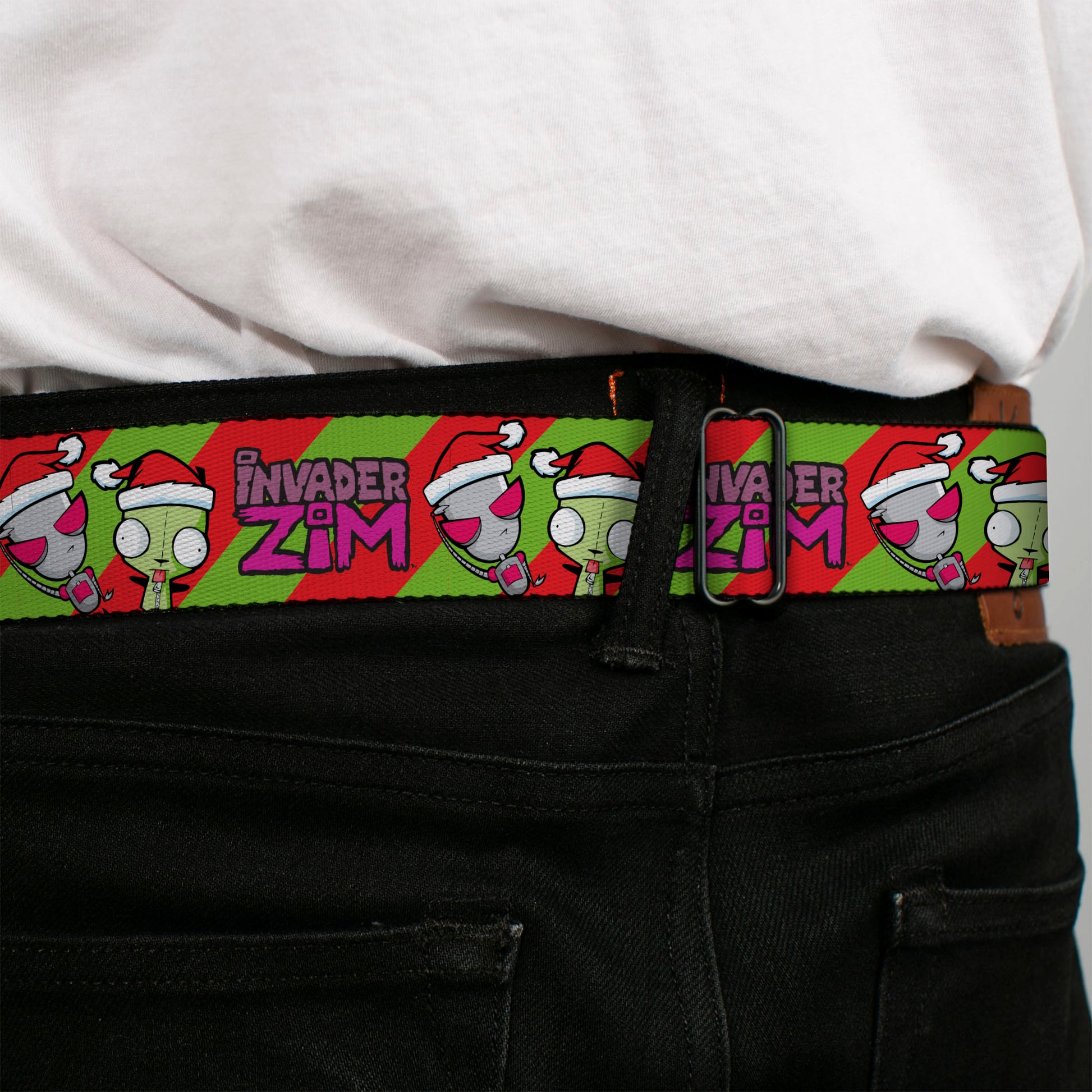 INVADER ZIM Title Logo Full Color Green/Pinks Seatbelt Belt - Invader Zim Holiday GIR Poses and Title Logo Stripe Green/Red Webbing Seatbelt Belts Invader Zim