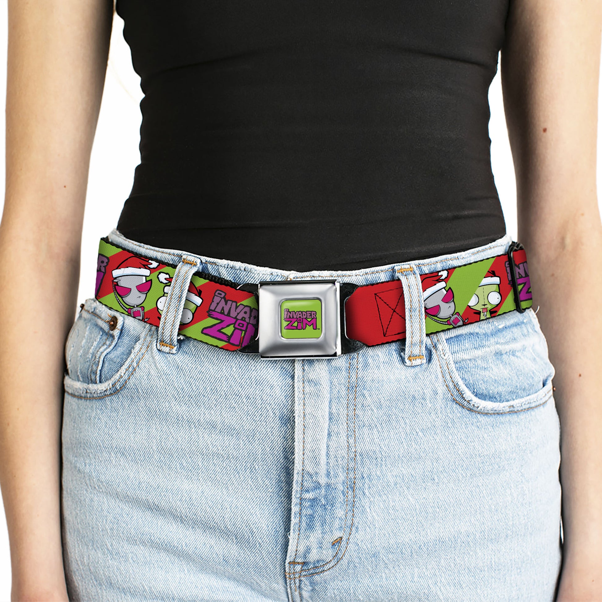 INVADER ZIM Title Logo Full Color Green/Pinks Seatbelt Belt - Invader Zim Holiday GIR Poses and Title Logo Stripe Green/Red Webbing Seatbelt Belts Invader Zim