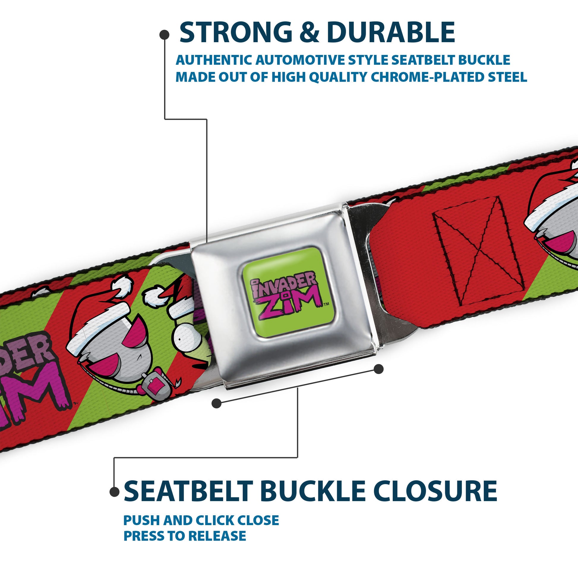 INVADER ZIM Title Logo Full Color Green/Pinks Seatbelt Belt - Invader Zim Holiday GIR Poses and Title Logo Stripe Green/Red Webbing Seatbelt Belts Invader Zim