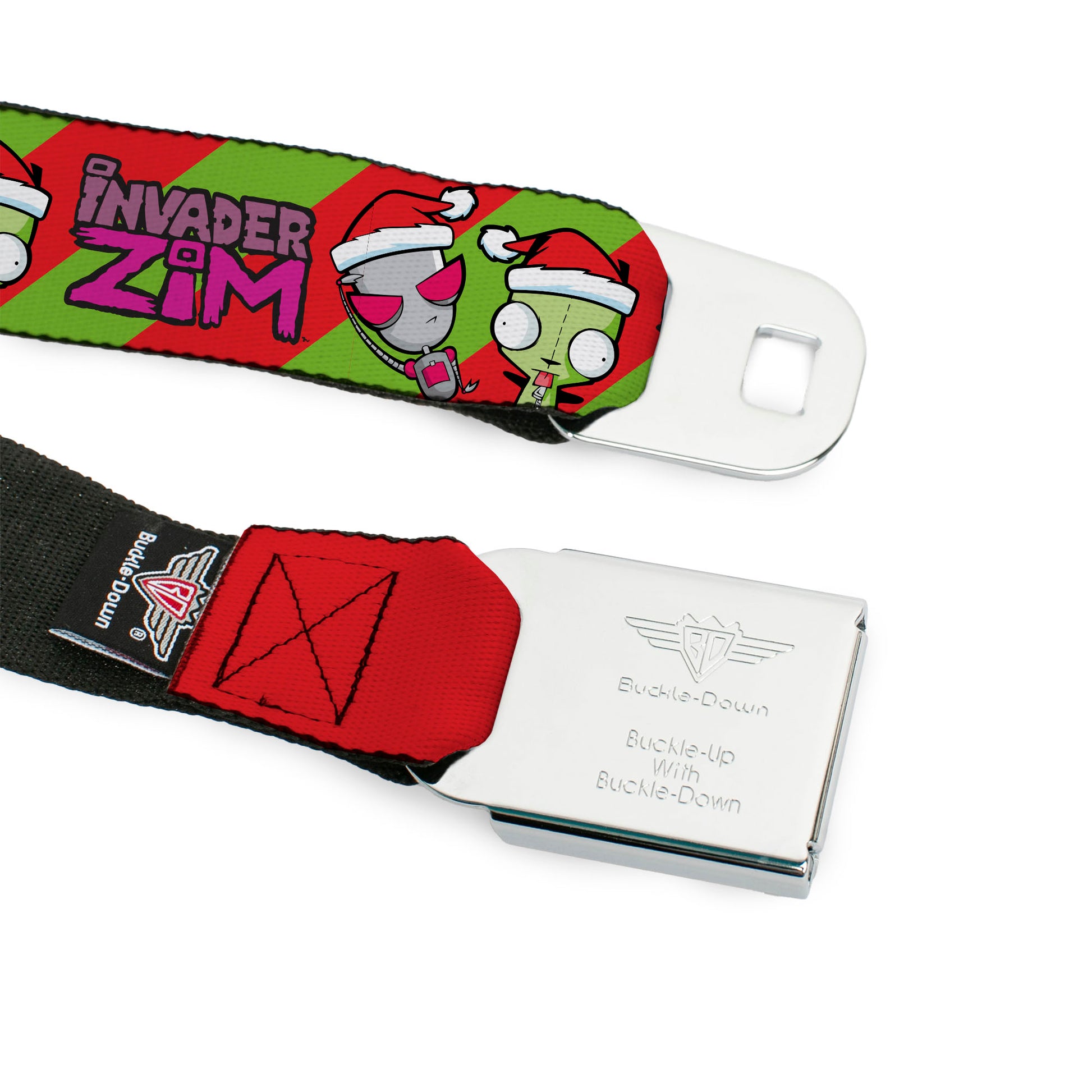 INVADER ZIM Title Logo Full Color Green/Pinks Seatbelt Belt - Invader Zim Holiday GIR Poses and Title Logo Stripe Green/Red Webbing Seatbelt Belts Invader Zim