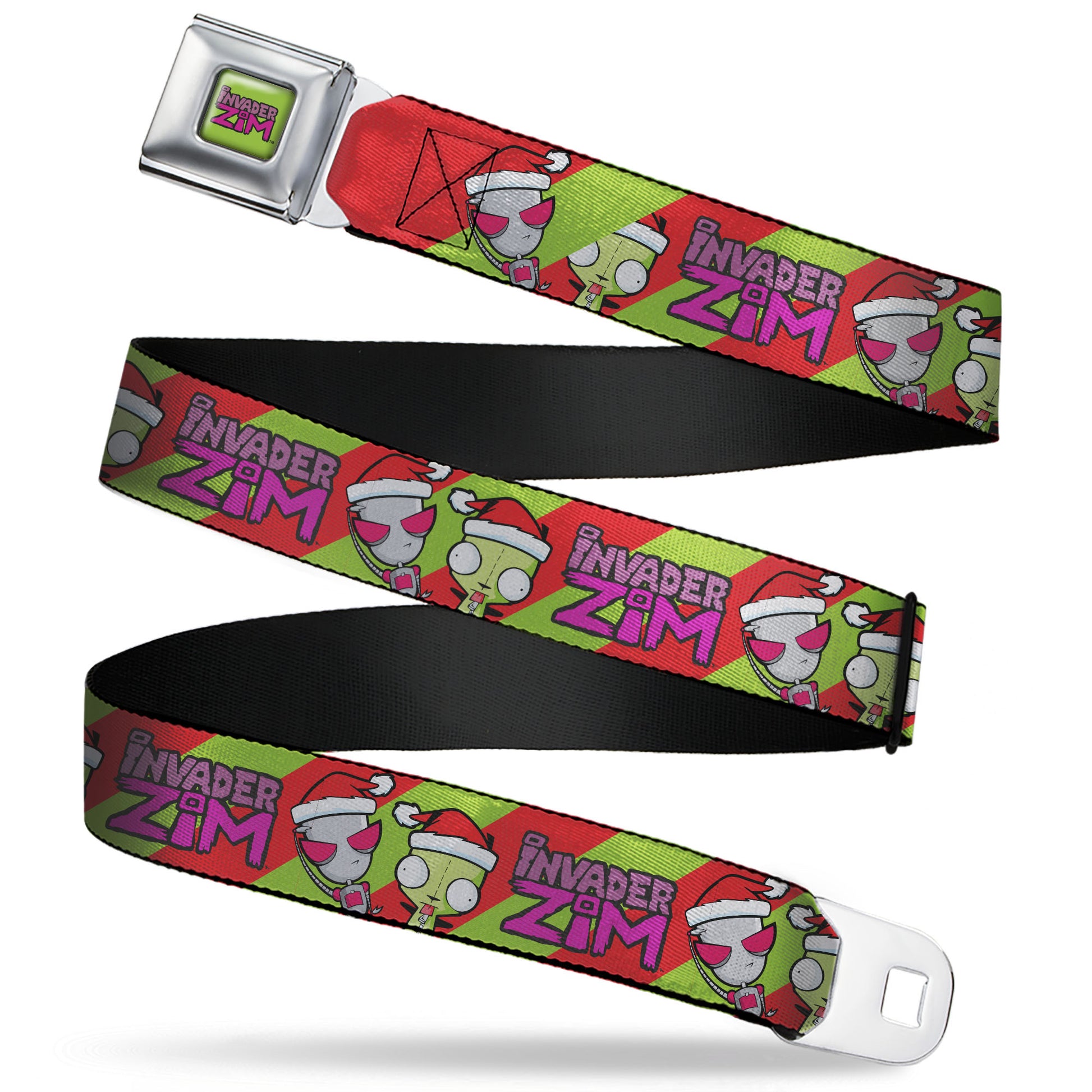INVADER ZIM Title Logo Full Color Green/Pinks Seatbelt Belt - Invader Zim Holiday GIR Poses and Title Logo Stripe Green/Red Webbing Seatbelt Belts Invader Zim