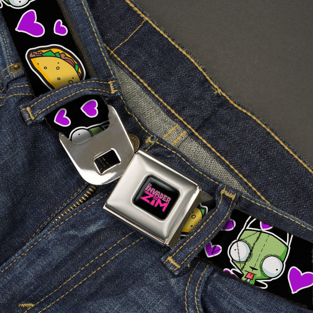 INVADER ZIM Title Logo Full Color Pink/Green Seatbelt Belt - Invader Zim GIR and Tacos Heart Collage Black Webbing Seatbelt Belts Invader Zim