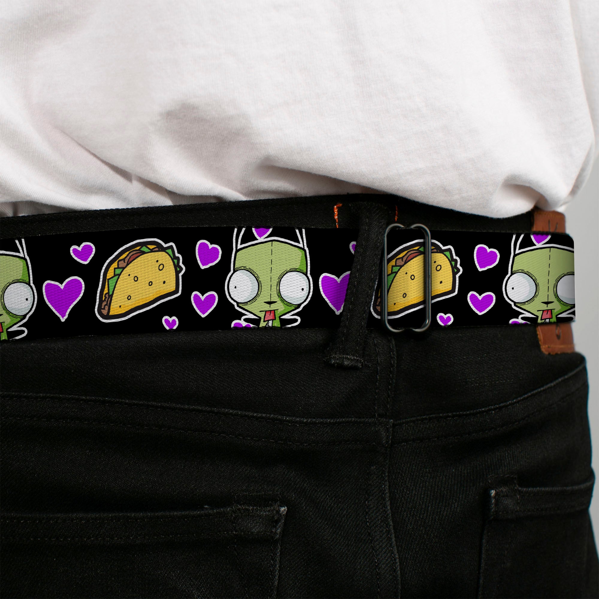 INVADER ZIM Title Logo Full Color Pink/Green Seatbelt Belt - Invader Zim GIR and Tacos Heart Collage Black Webbing Seatbelt Belts Invader Zim