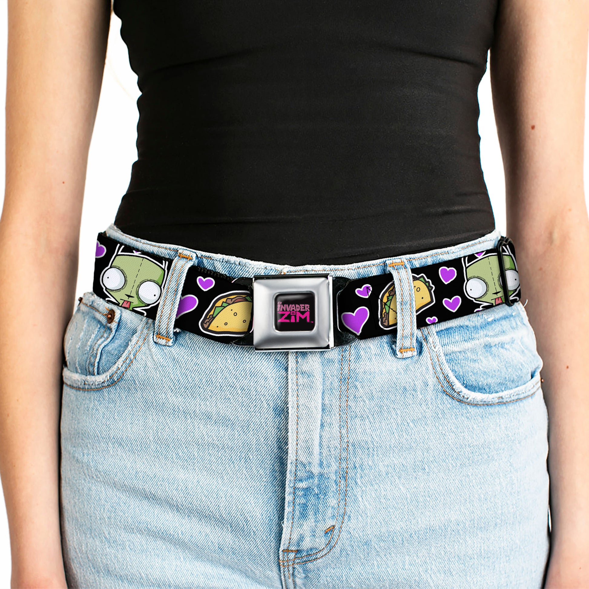 INVADER ZIM Title Logo Full Color Pink/Green Seatbelt Belt - Invader Zim GIR and Tacos Heart Collage Black Webbing Seatbelt Belts Invader Zim