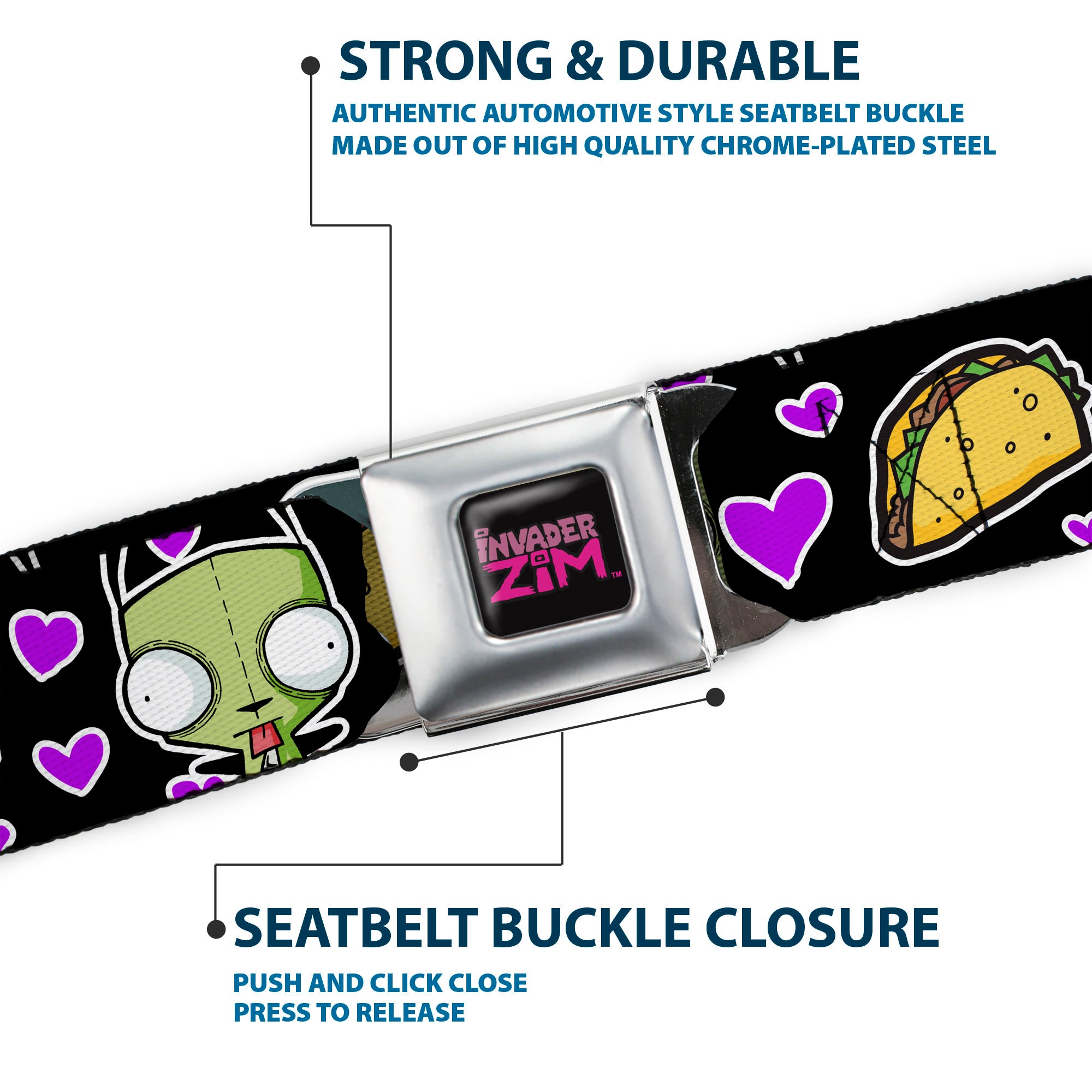 INVADER ZIM Title Logo Full Color Pink/Green Seatbelt Belt - Invader Zim GIR and Tacos Heart Collage Black Webbing Seatbelt Belts Invader Zim