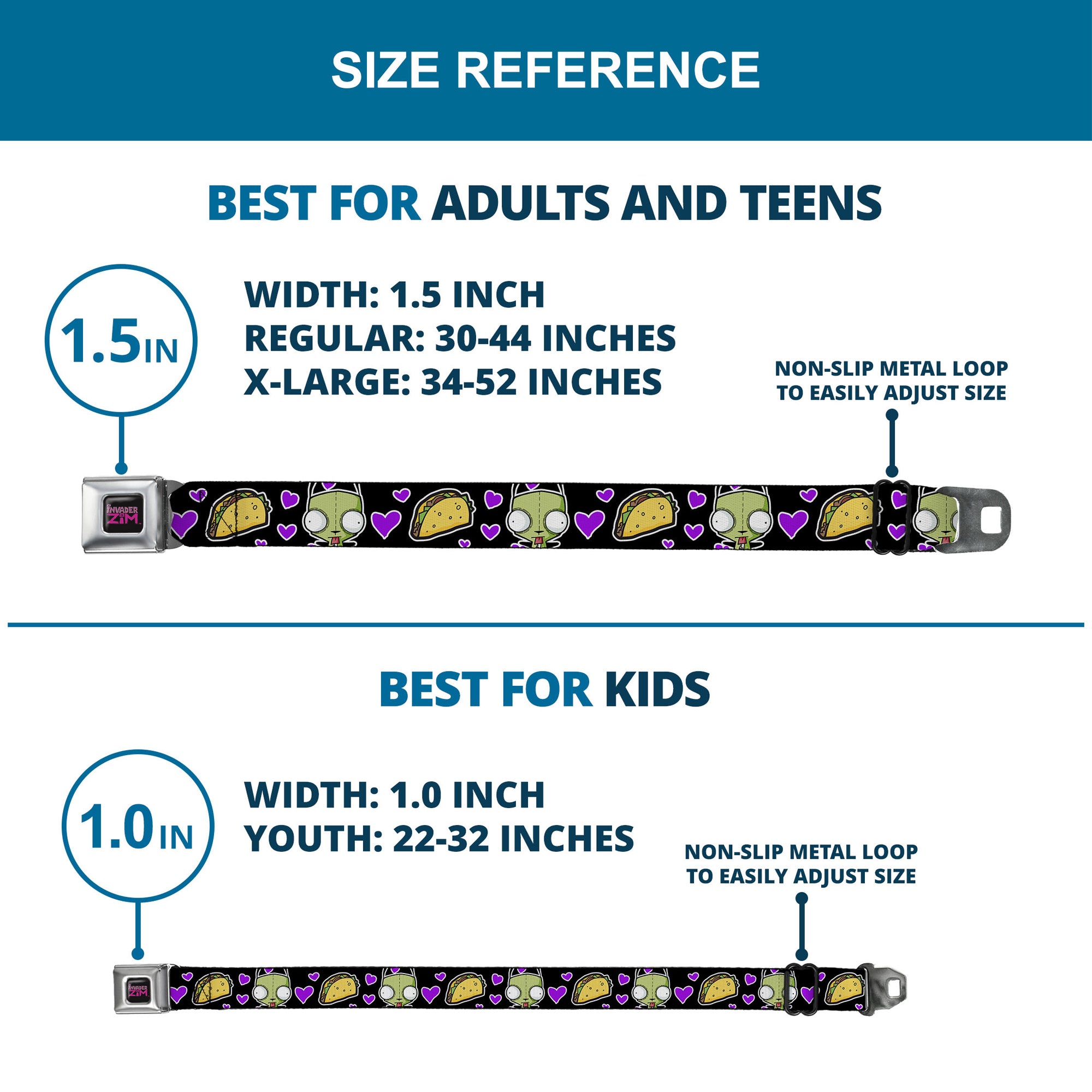 INVADER ZIM Title Logo Full Color Pink/Green Seatbelt Belt - Invader Zim GIR and Tacos Heart Collage Black Webbing Seatbelt Belts Invader Zim