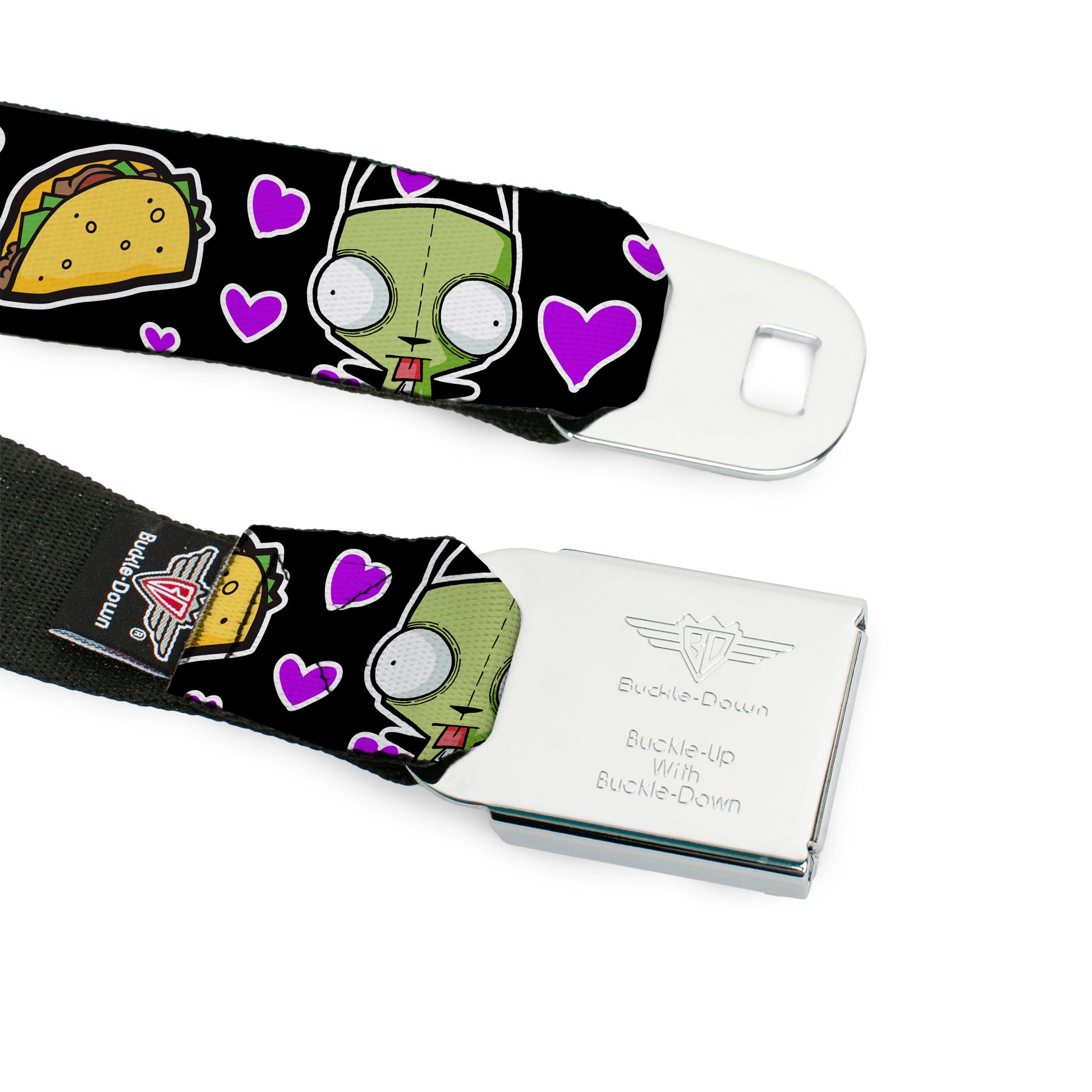 INVADER ZIM Title Logo Full Color Pink/Green Seatbelt Belt - Invader Zim GIR and Tacos Heart Collage Black Webbing Seatbelt Belts Invader Zim