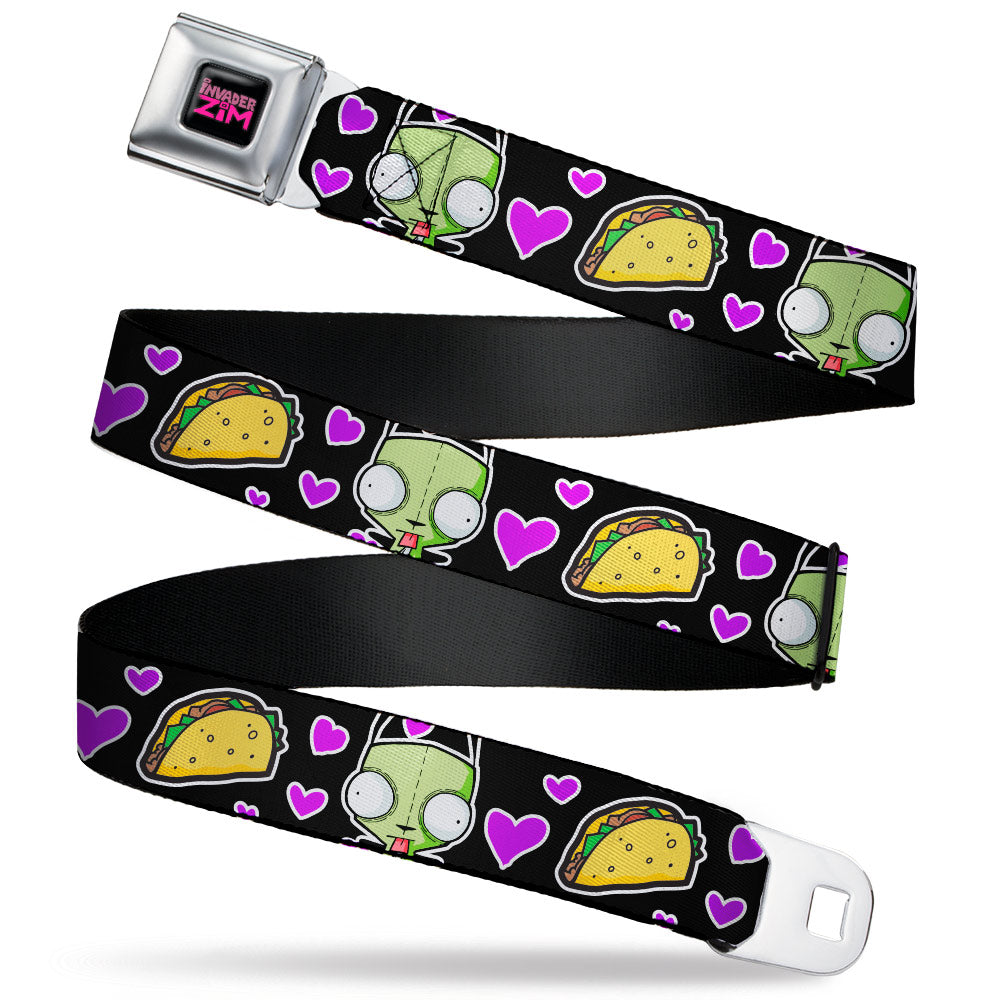 INVADER ZIM Title Logo Full Color Pink/Green Seatbelt Belt - Invader Zim GIR and Tacos Heart Collage Black Webbing Seatbelt Belts Invader Zim